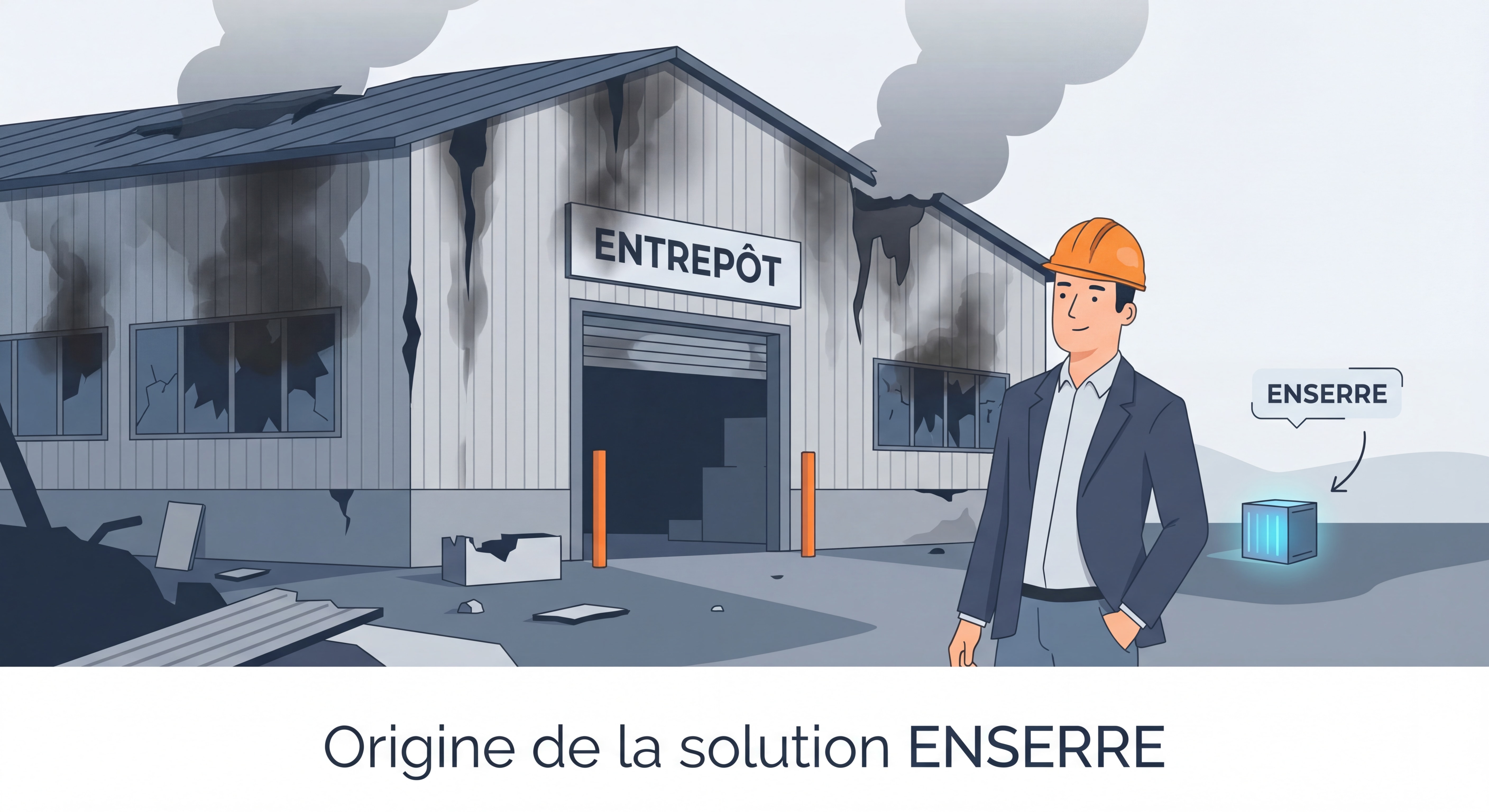 Entrepreneur français devant son entrepôt après un incendie de batteries lithium, représentant l'origine de la solution ENSERRE