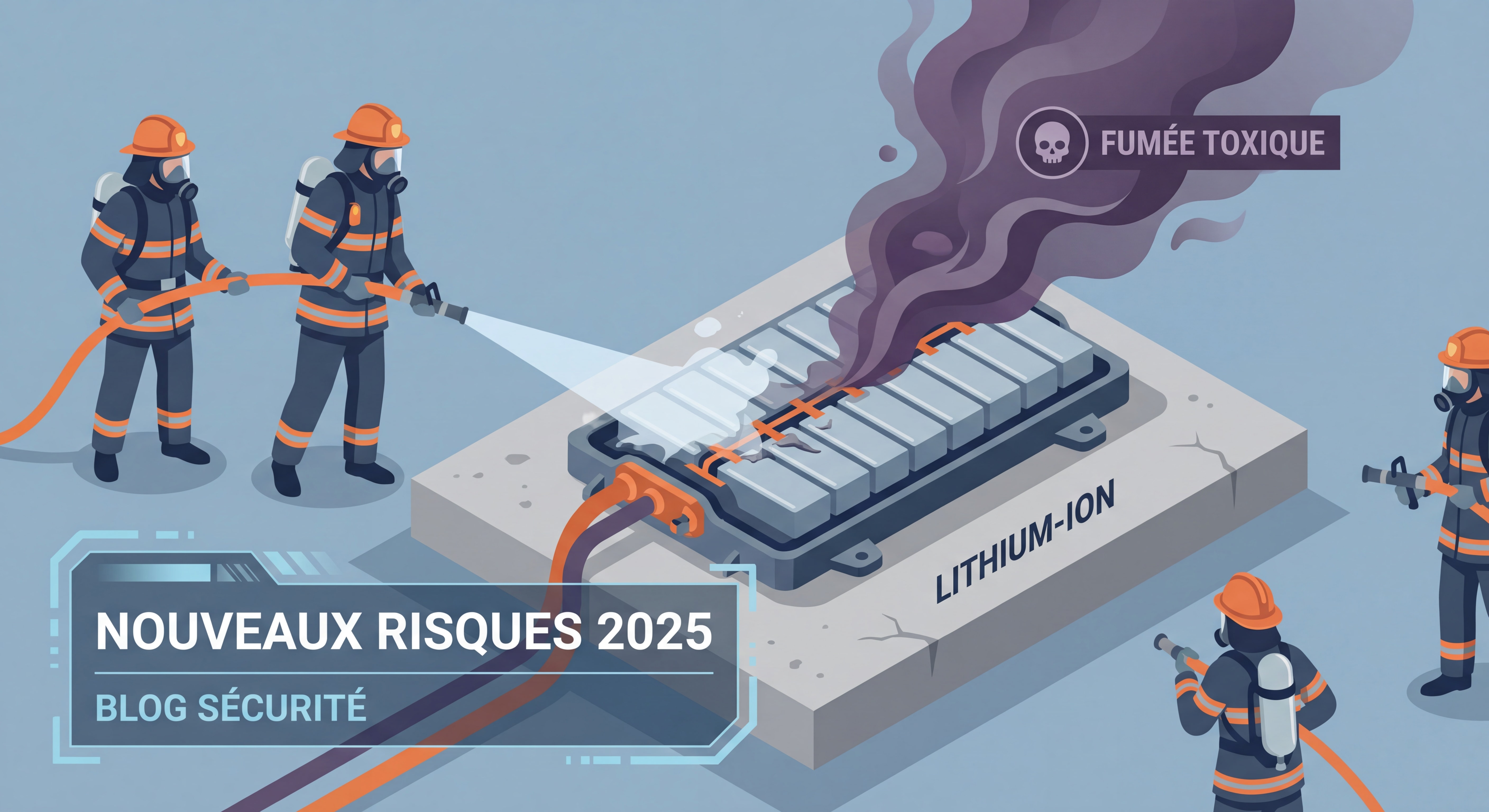 Pompiers intervenant sur un incendie de batterie lithium-ion avec fumée toxique - illustration des nouveaux risques 2025