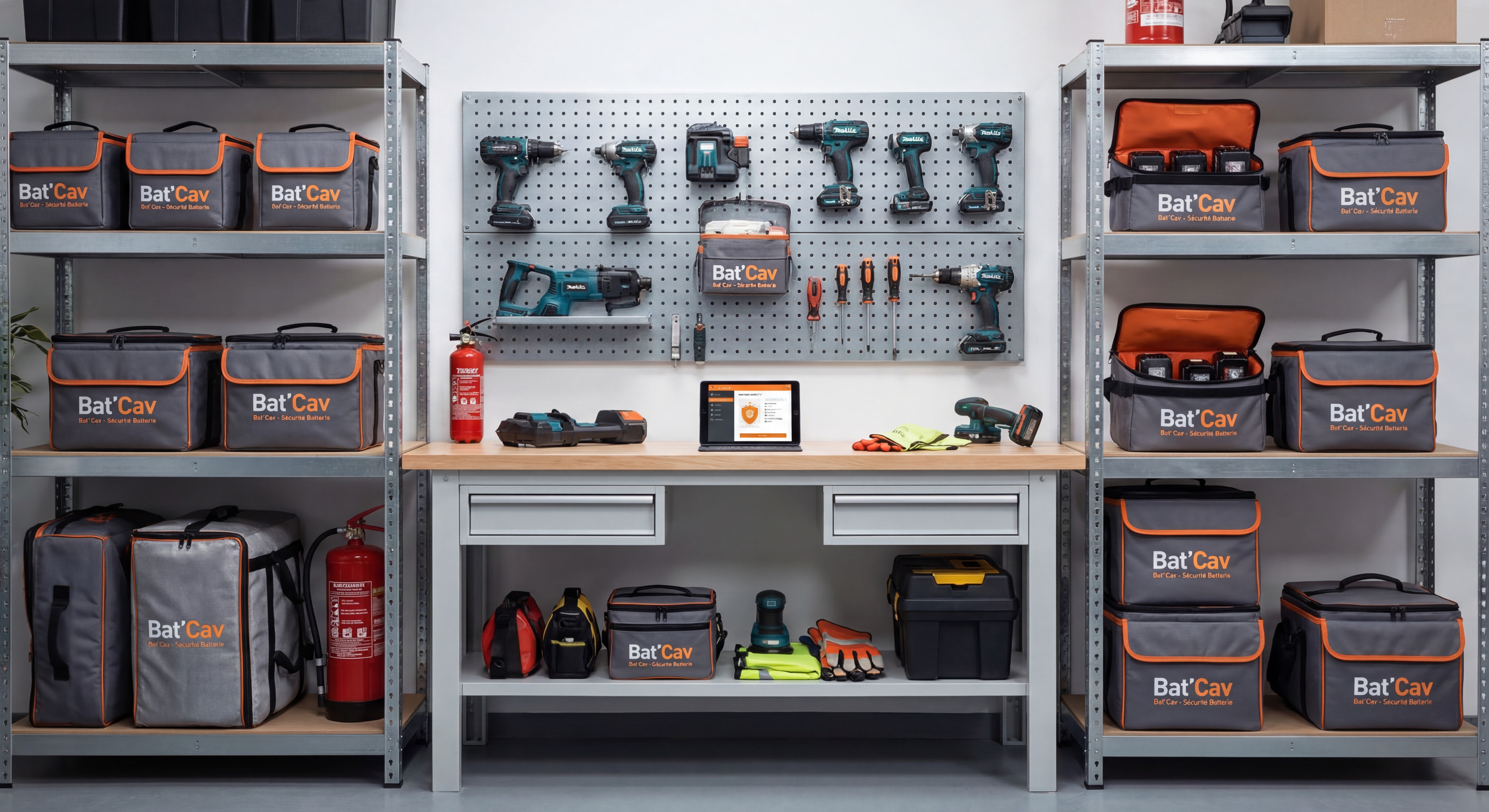 Atelier de bricolage professionnel avec batteries d'électroportatif stockées dans des housses ignifugées Bat'Cav, organisation sécurisée