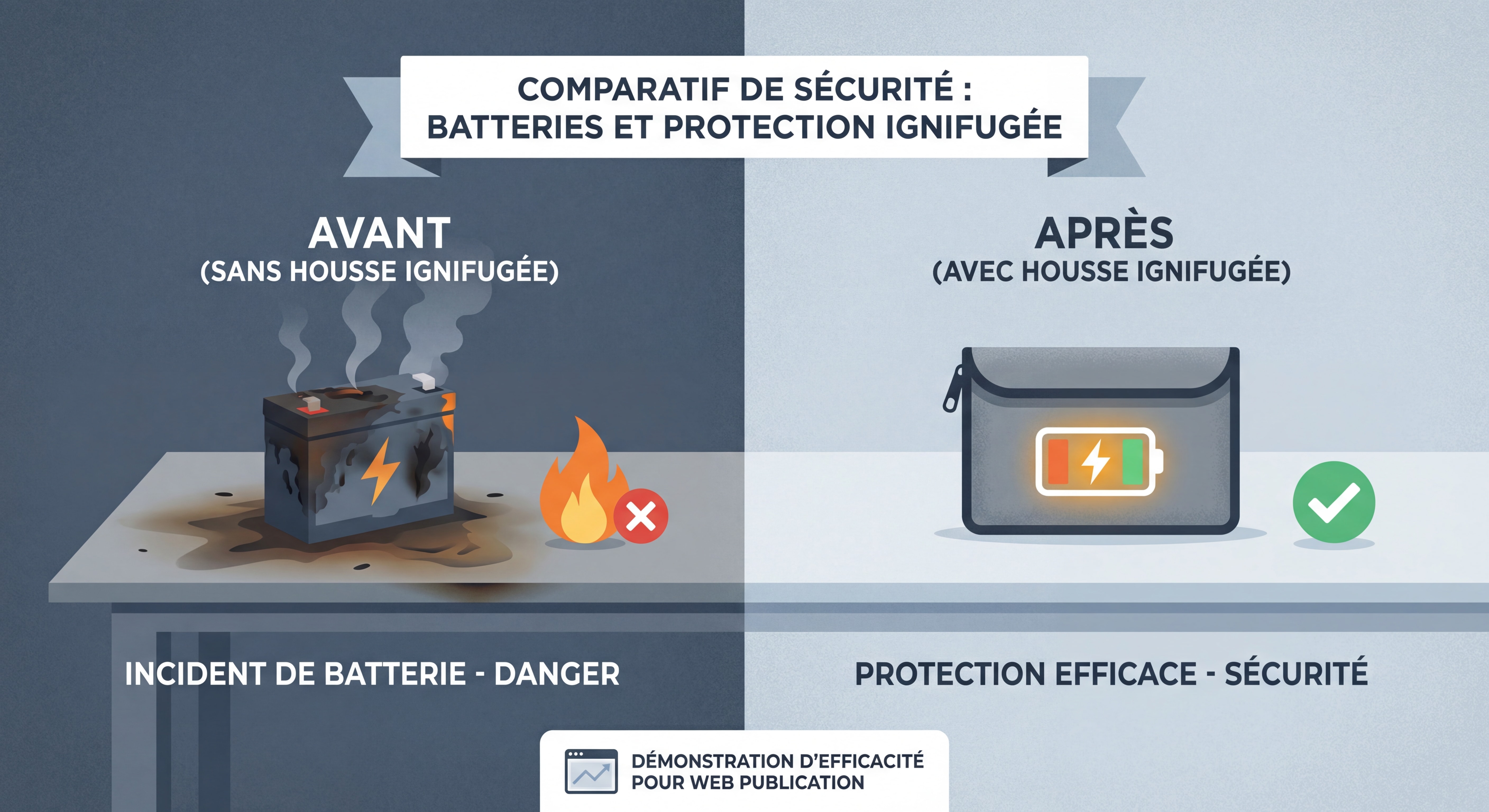 Comparaison avant-après d'un incident de batterie avec et sans housse ignifugée - démonstration de l'efficacité de la protection