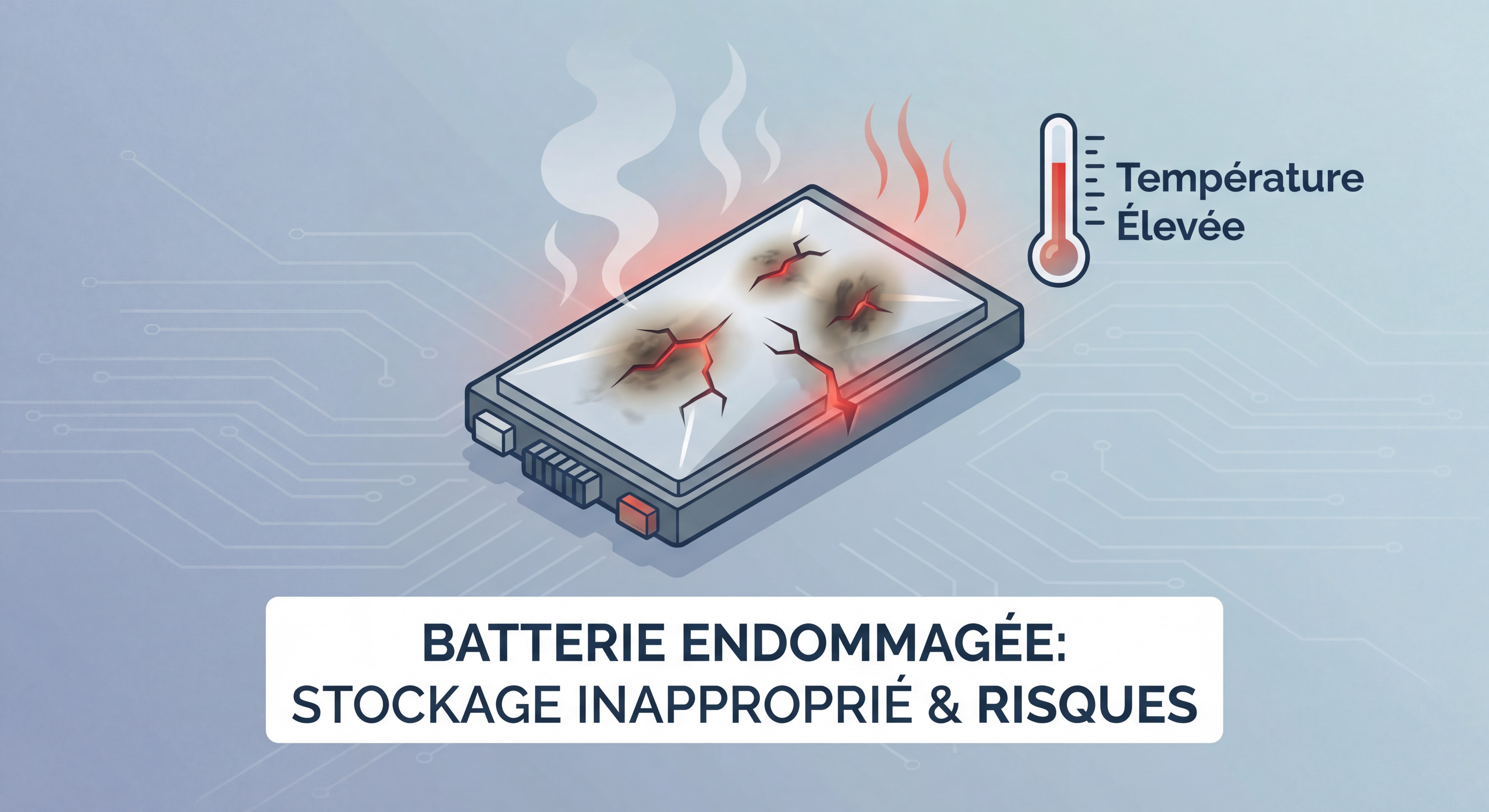 Batterie lithium endommagée suite à un stockage inapproprié avec signes d'emballement thermique