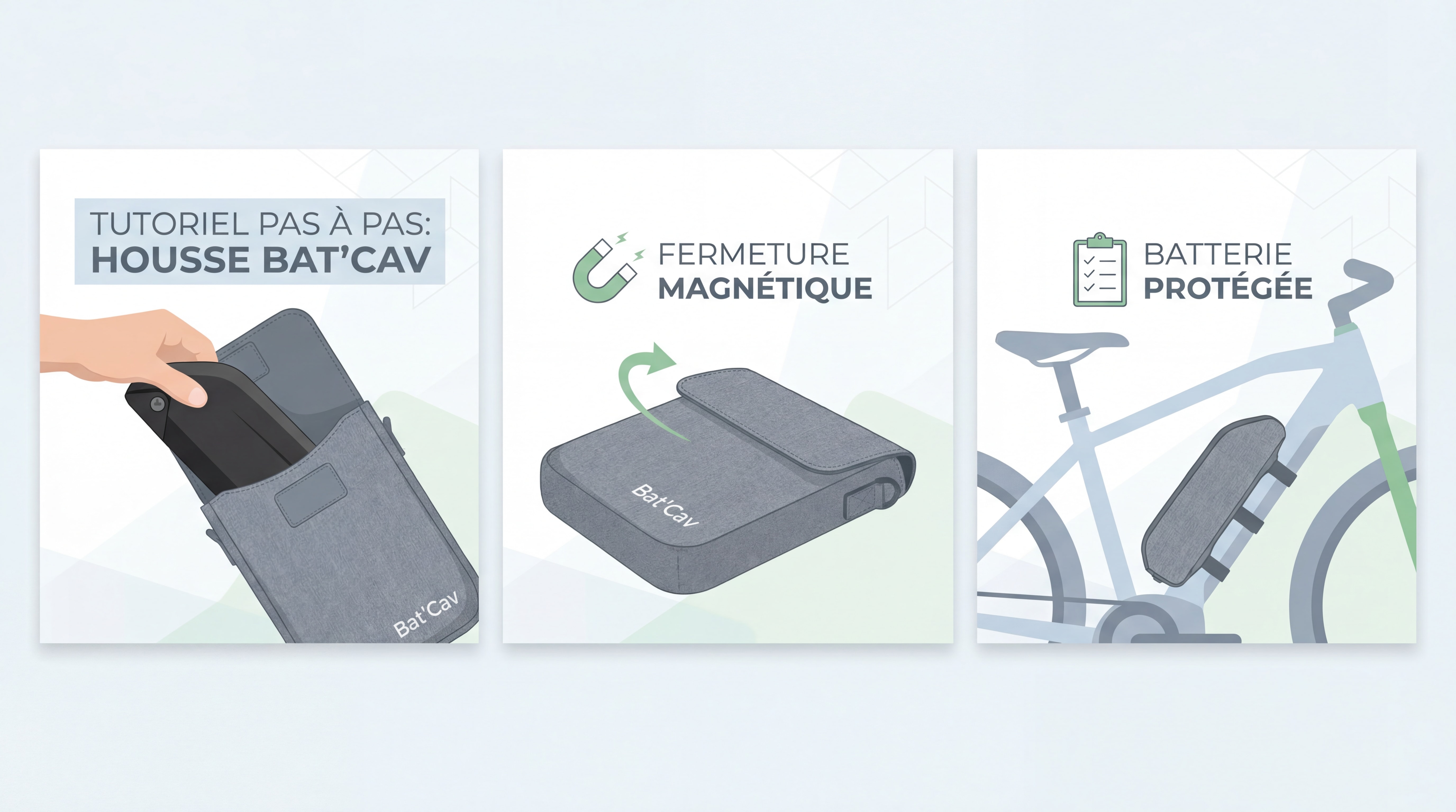 Tutoriel pas à pas utilisation housse Bat'Cav avec batterie vélo électrique et fermeture magnétique