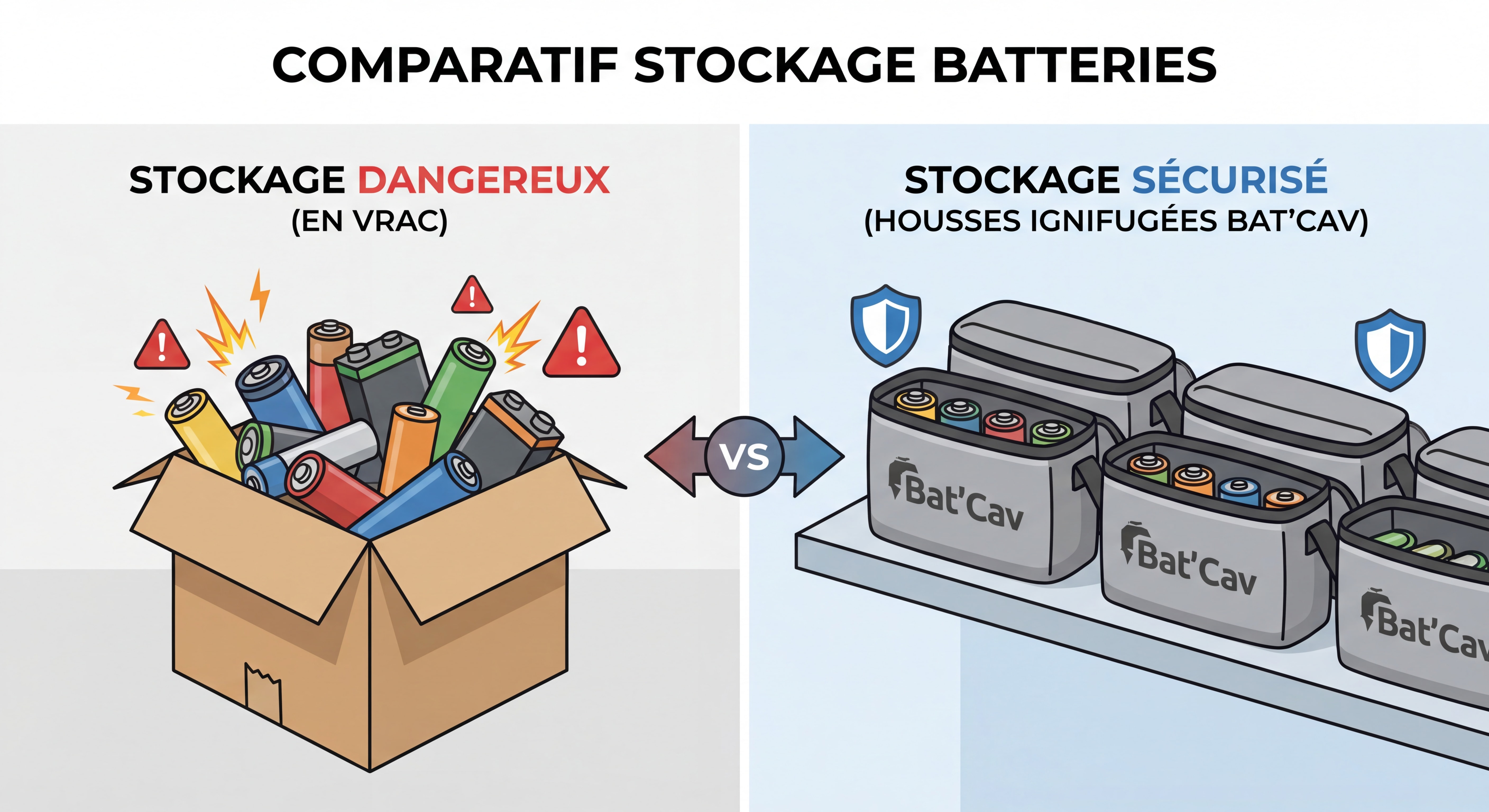 Comparaison stockage dangereux batteries en vrac versus stockage sécurisé dans housses ignifugées Bat'Cav