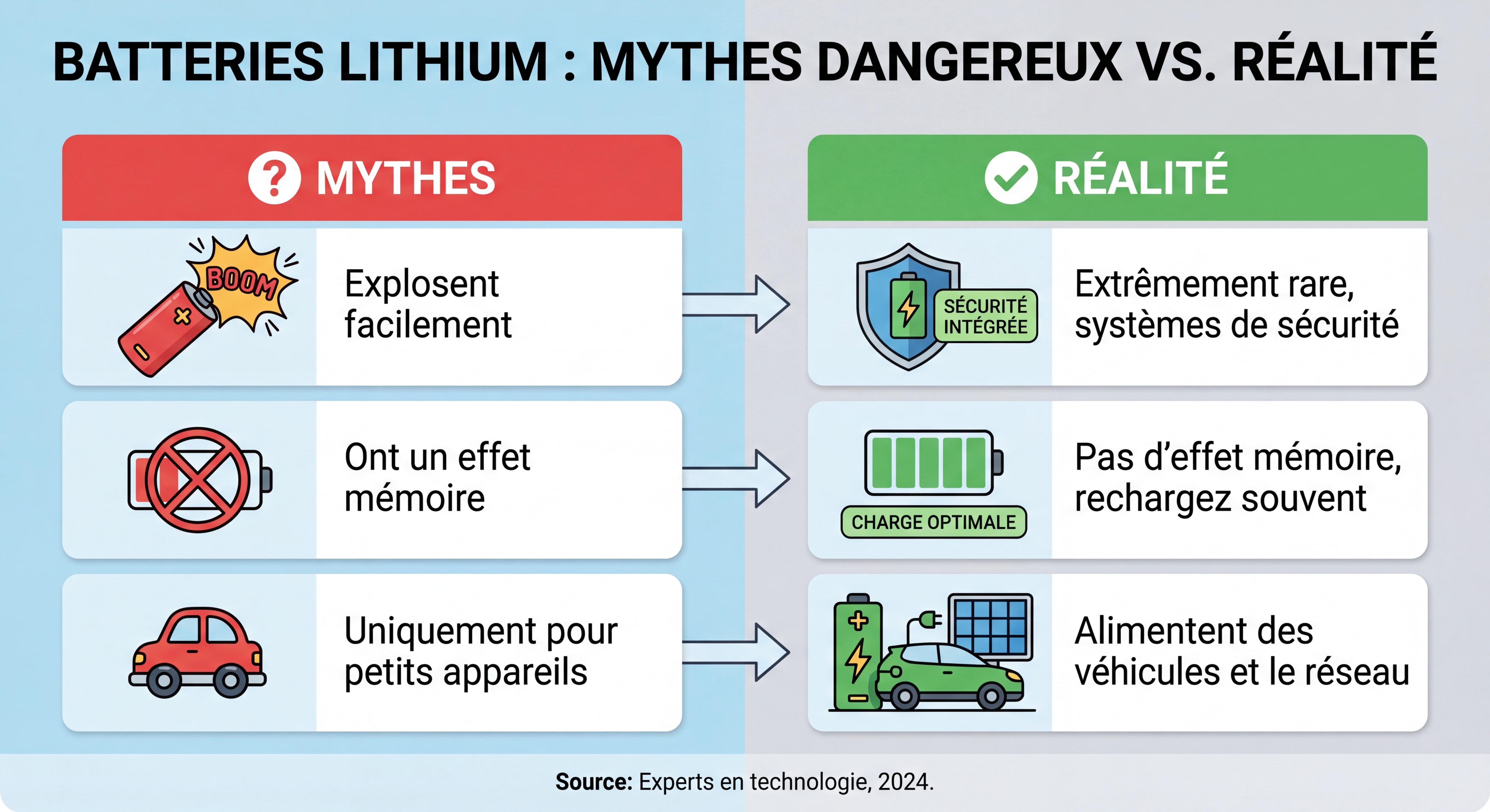 Infographie montrant les idées reçues dangereuses sur les batteries lithium versus la réalité