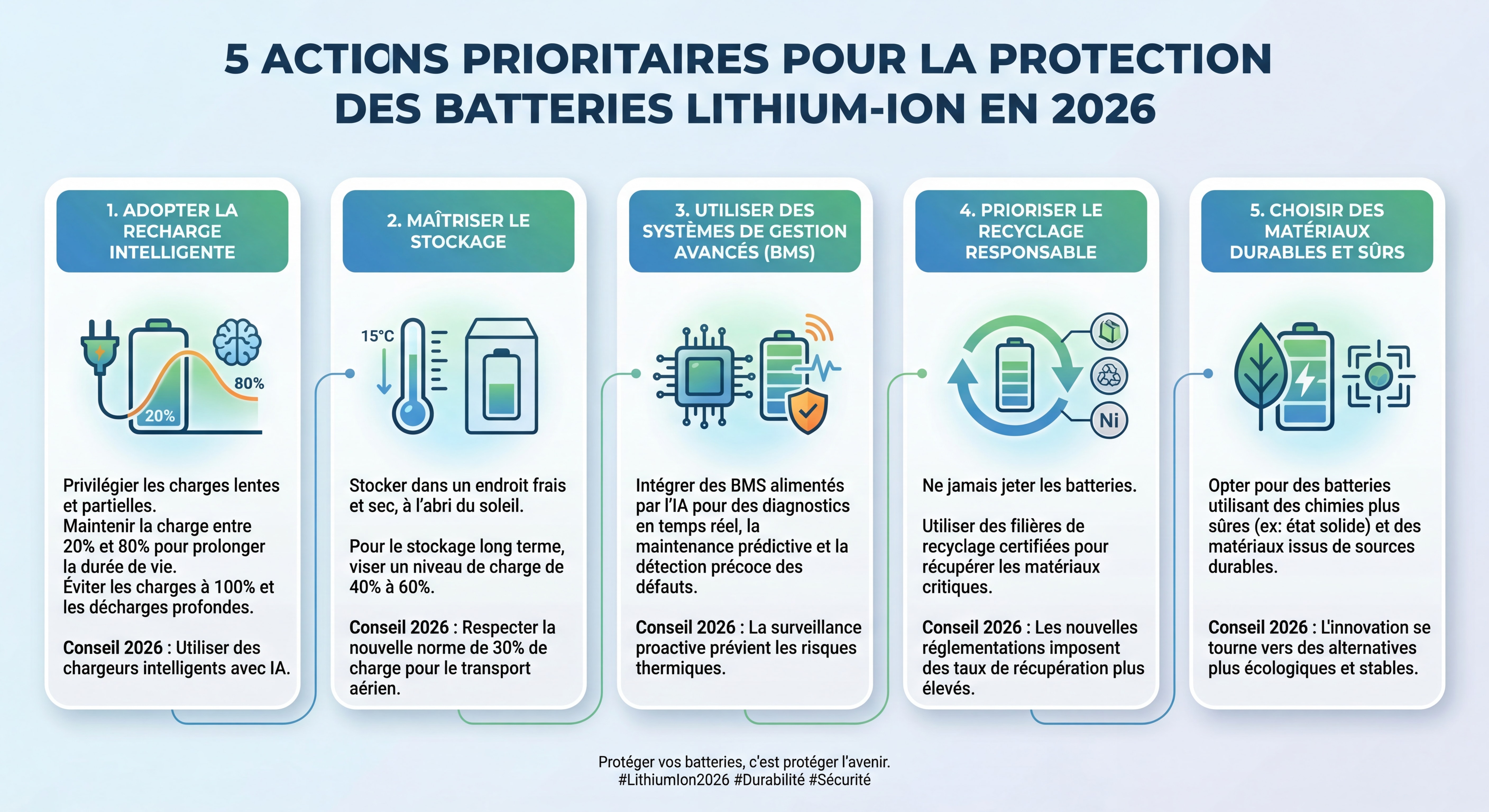 Infographie des 5 actions prioritaires de protection des batteries lithium-ion en 2026 avec pictogrammes clairs