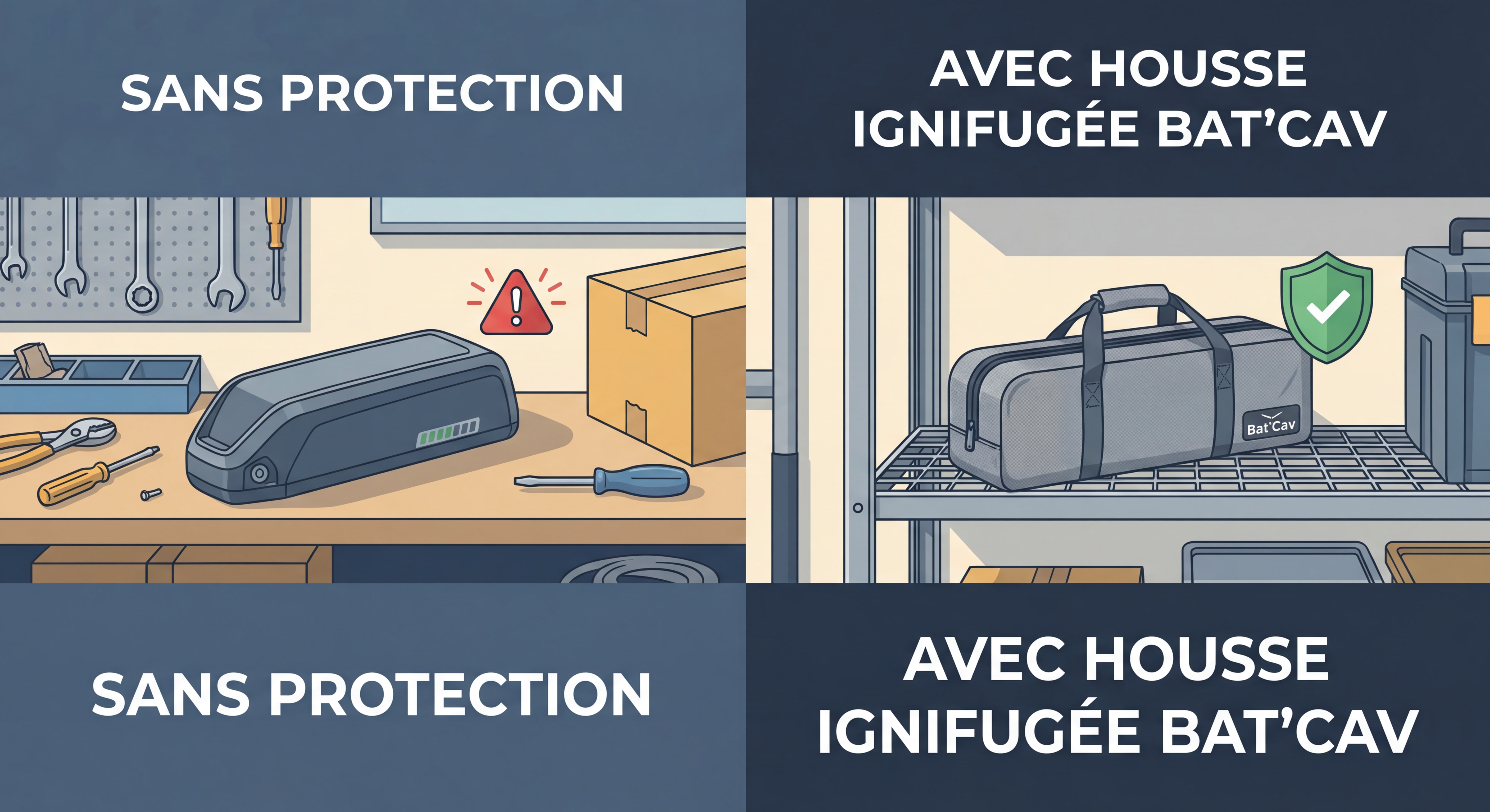 Comparaison stockage batterie VAE sans protection versus avec housse ignifugée Bat'Cav dans un garage