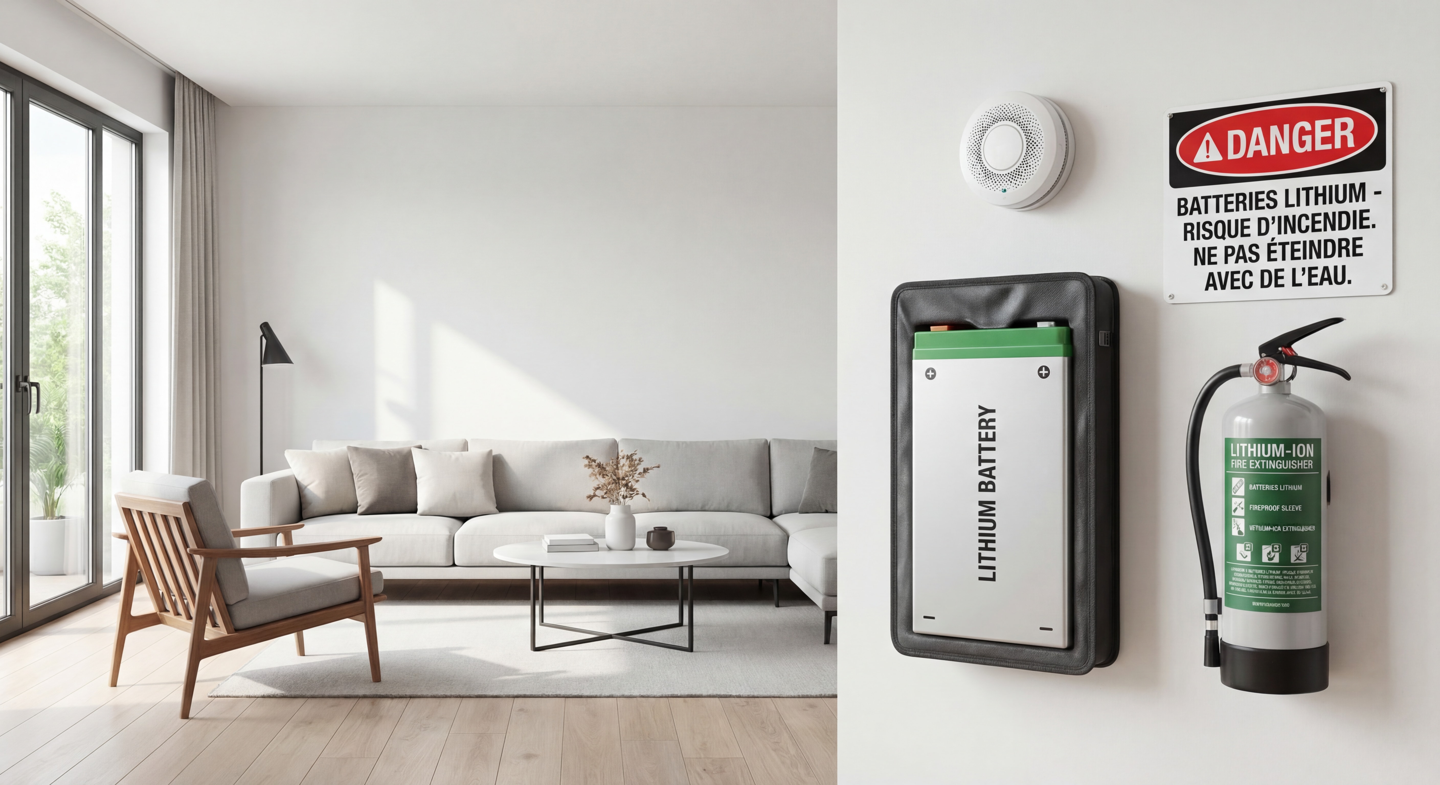 Installation complète de sécurité batteries lithium avec housse ignifugée, détecteur de fumée, extincteur adapté et signalétique de sécurité dans un environnement domestique moderne