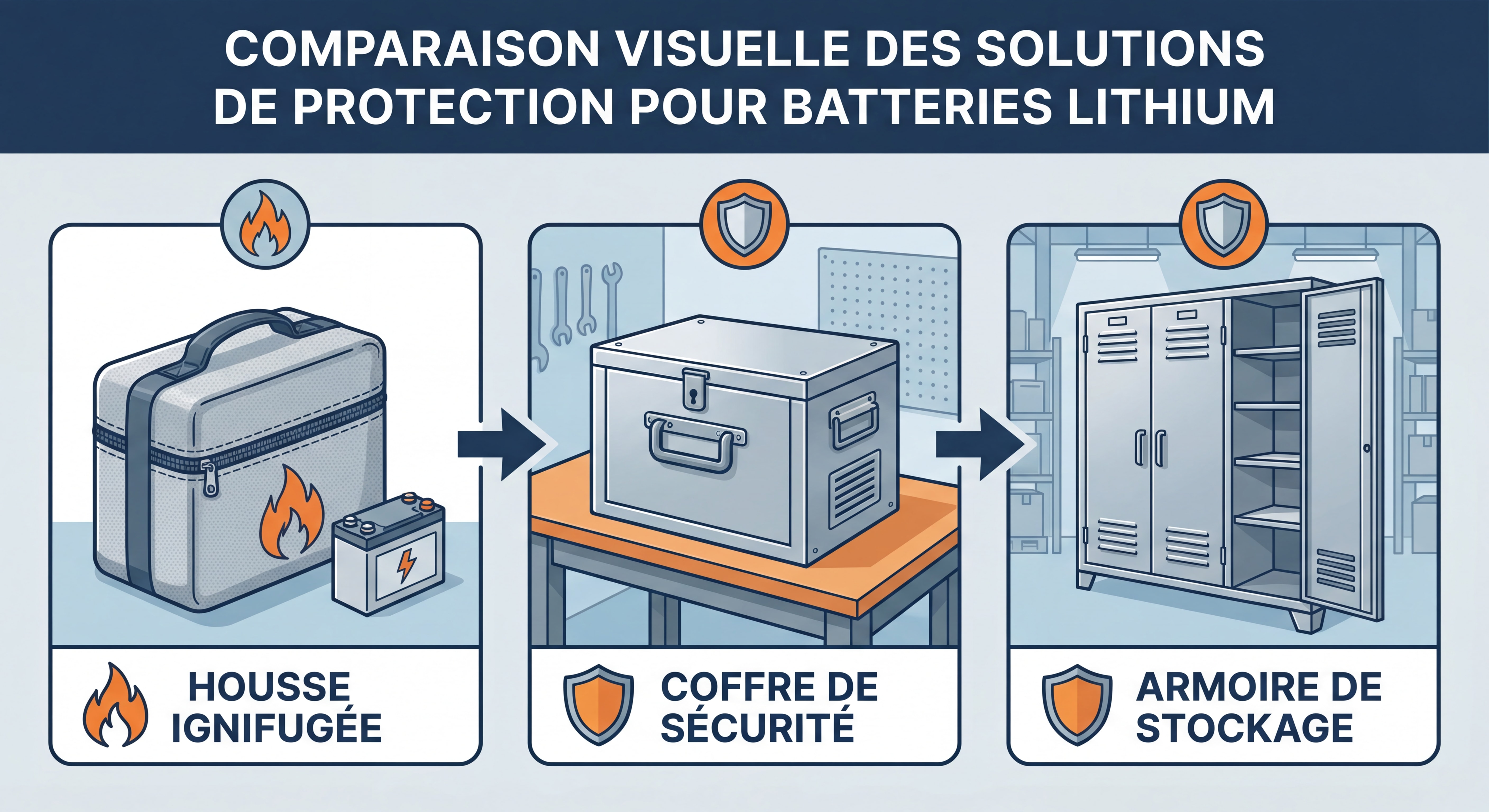 Comparaison visuelle des différentes solutions de protection pour batteries lithium - housses ignifugées, coffres de sécurité et armoires de stockage