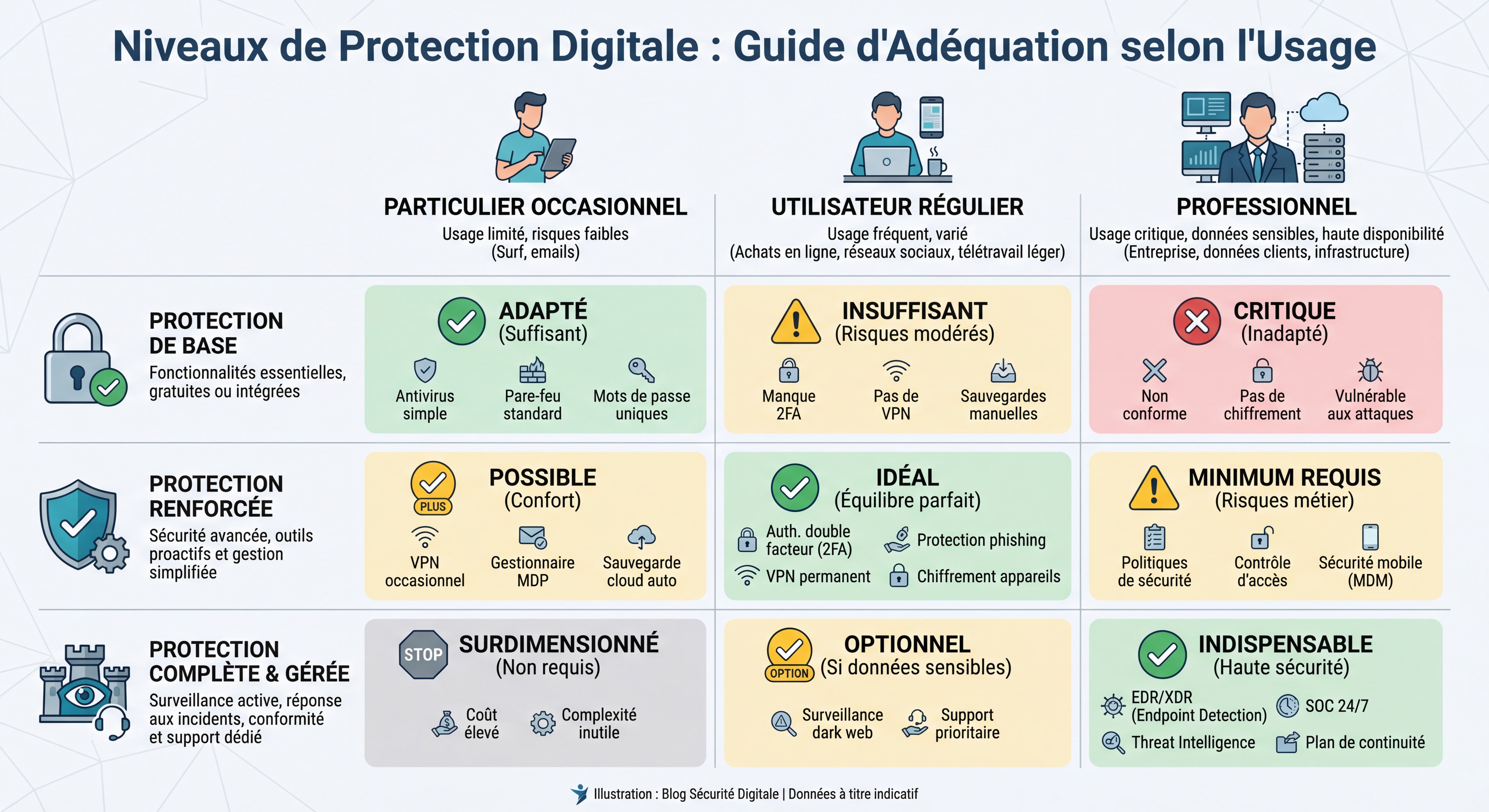 Infographie montrant les différents niveaux de protection et leur adéquation selon les usages - particulier occasionnel, utilisateur régulier, professionnel