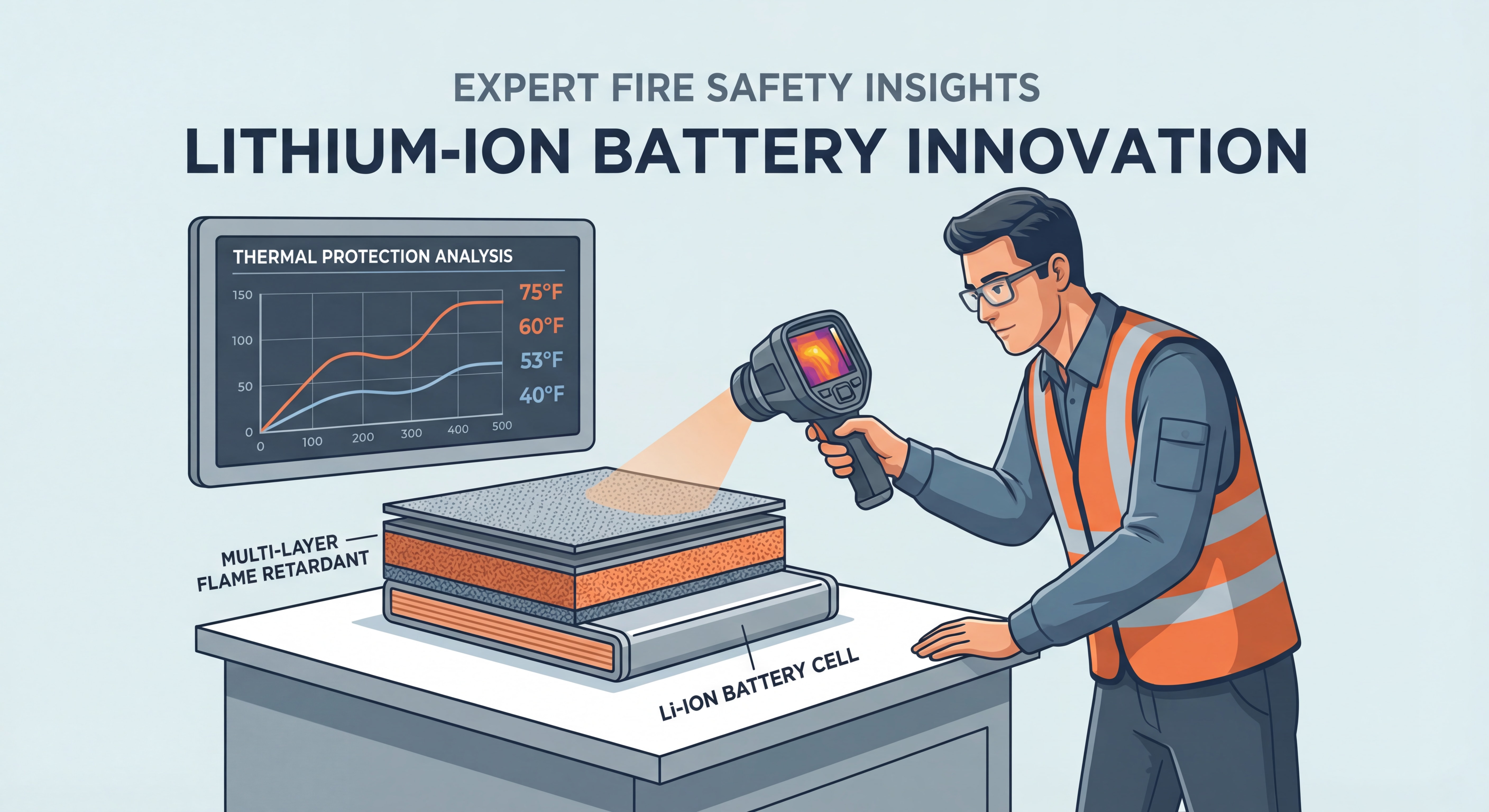 Expert en sécurité incendie examinant des matériaux ignifugés multicouches pour protection batterie lithium-ion avec instruments de mesure thermique