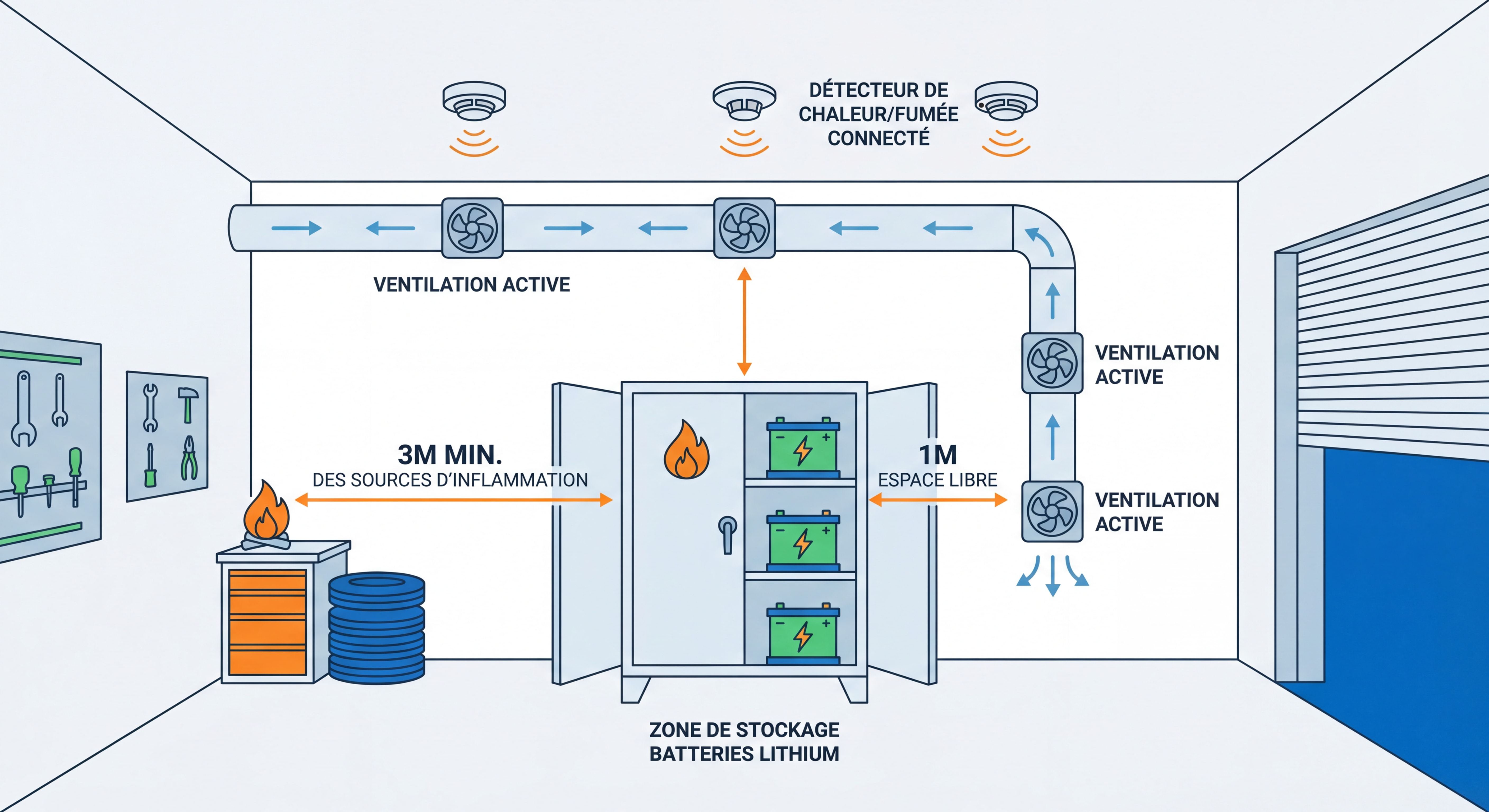 Schéma technique montrant les zones de stockage optimales pour batteries lithium avec distances de sécurité, ventilation et détecteurs de chaleur dans un garage ou atelier