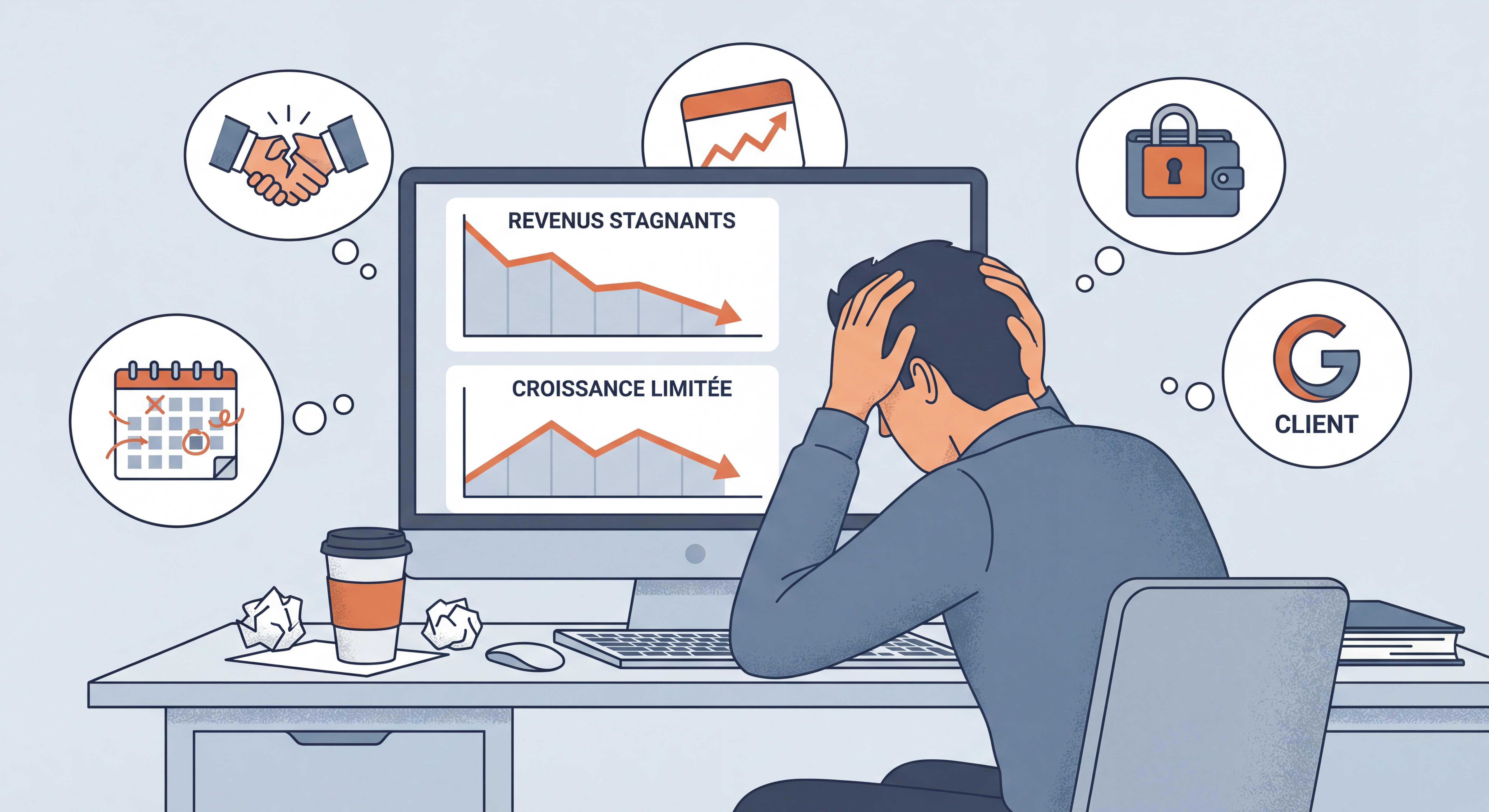 Freelance frustré devant son ordinateur avec des graphiques de revenus stagnants, symbolisant les erreurs courantes qui limitent la croissance