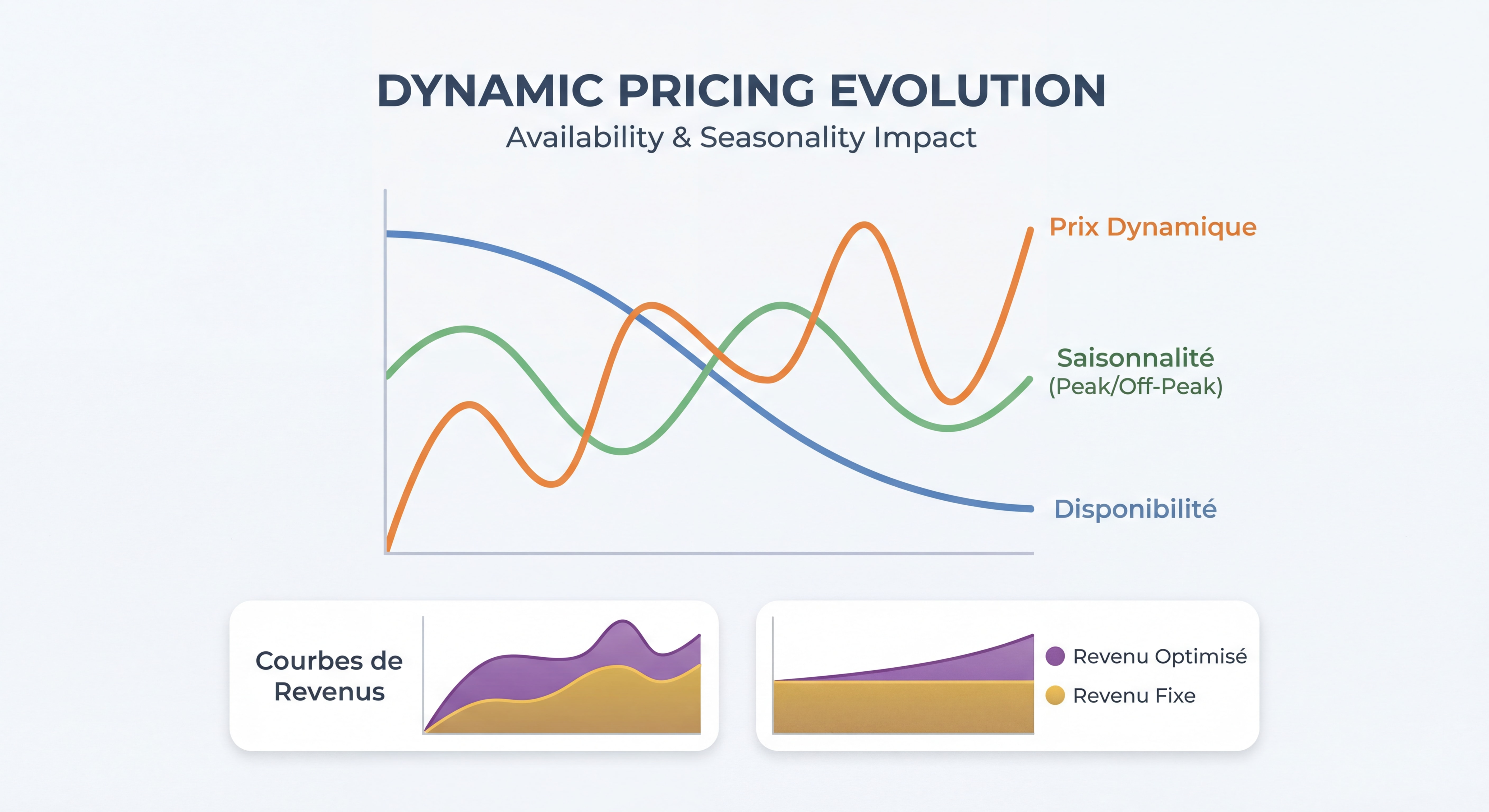 Graphique montrant l'évolution du pricing dynamique selon la disponibilité et la saisonnalité avec courbes de revenus
