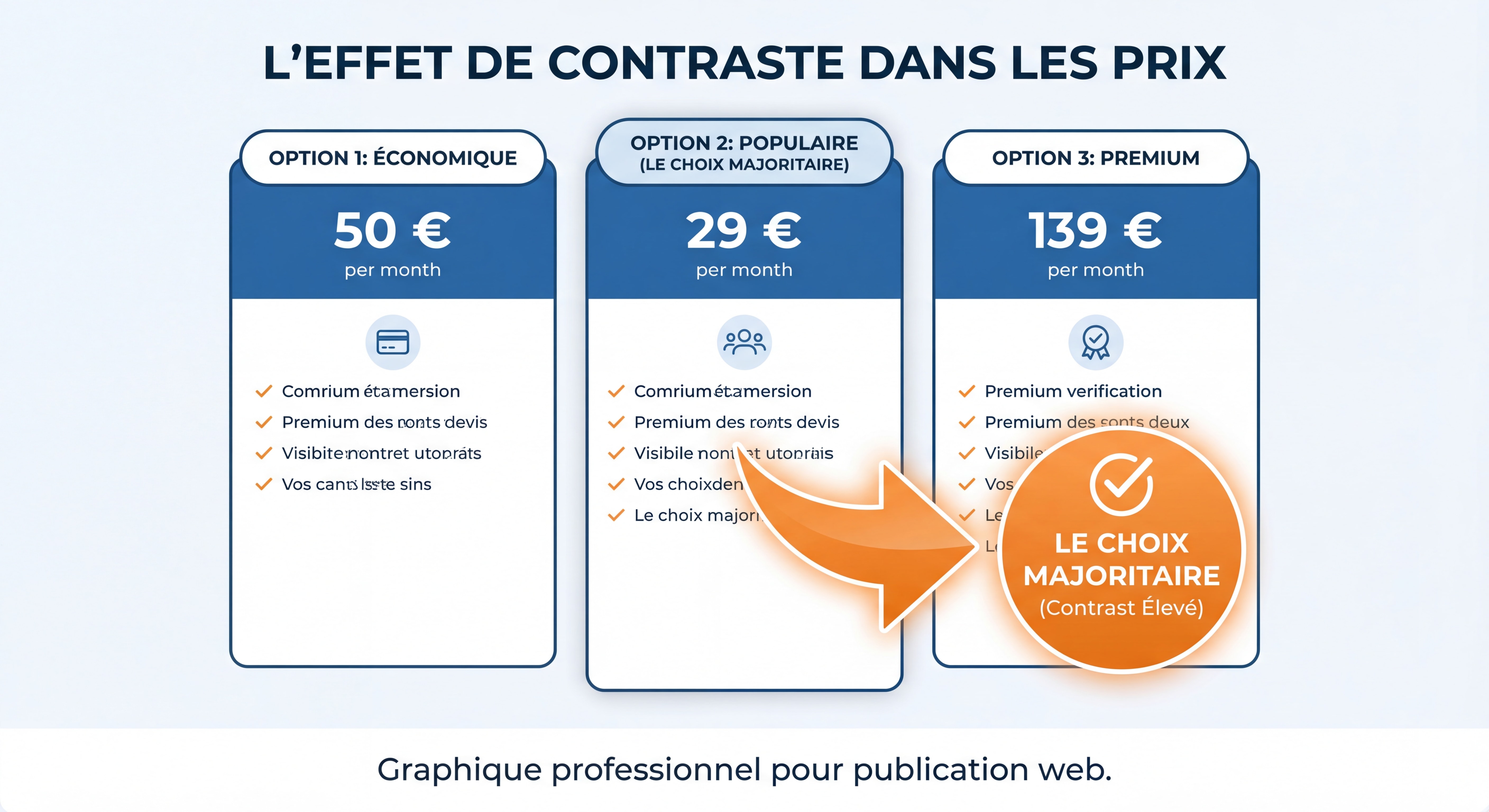 Infographie montrant l'effet de contraste entre trois packages de pricing avec flèches indiquant le choix majoritaire