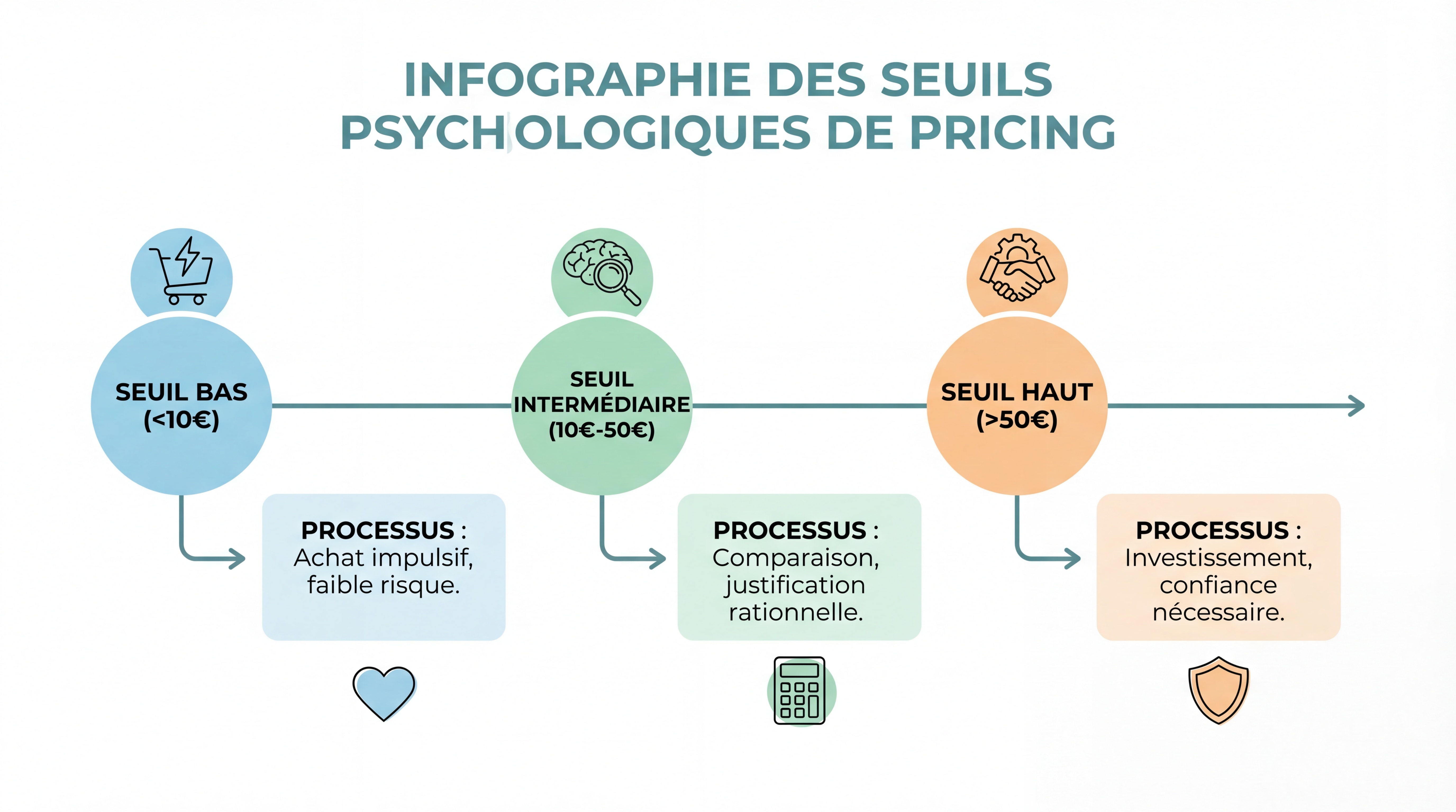 Infographie des seuils psychologiques de pricing avec icônes représentant les processus déclenchés à chaque niveau