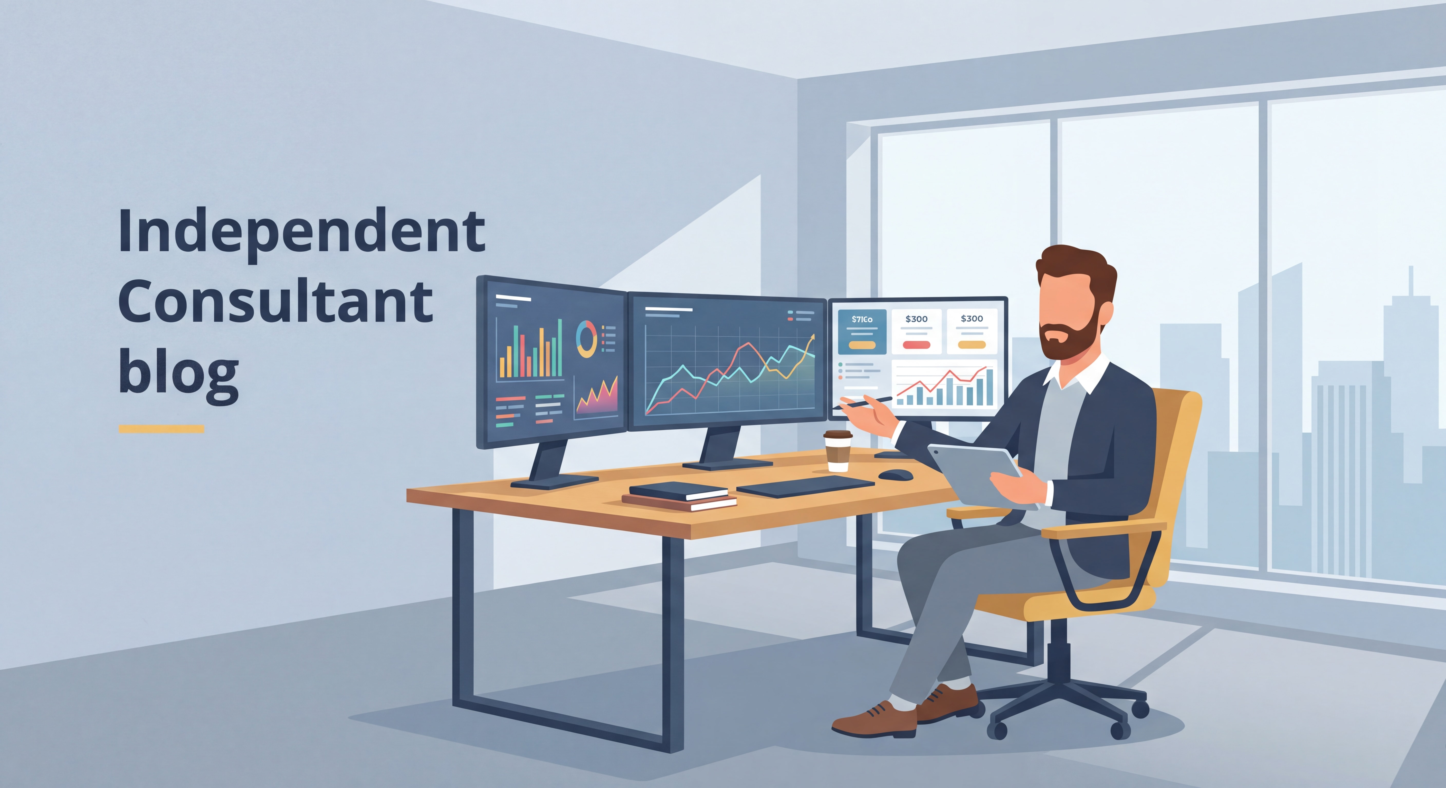Consultant indépendant analysant des graphiques de tarification sur plusieurs écrans, ambiance professionnelle et stratégique