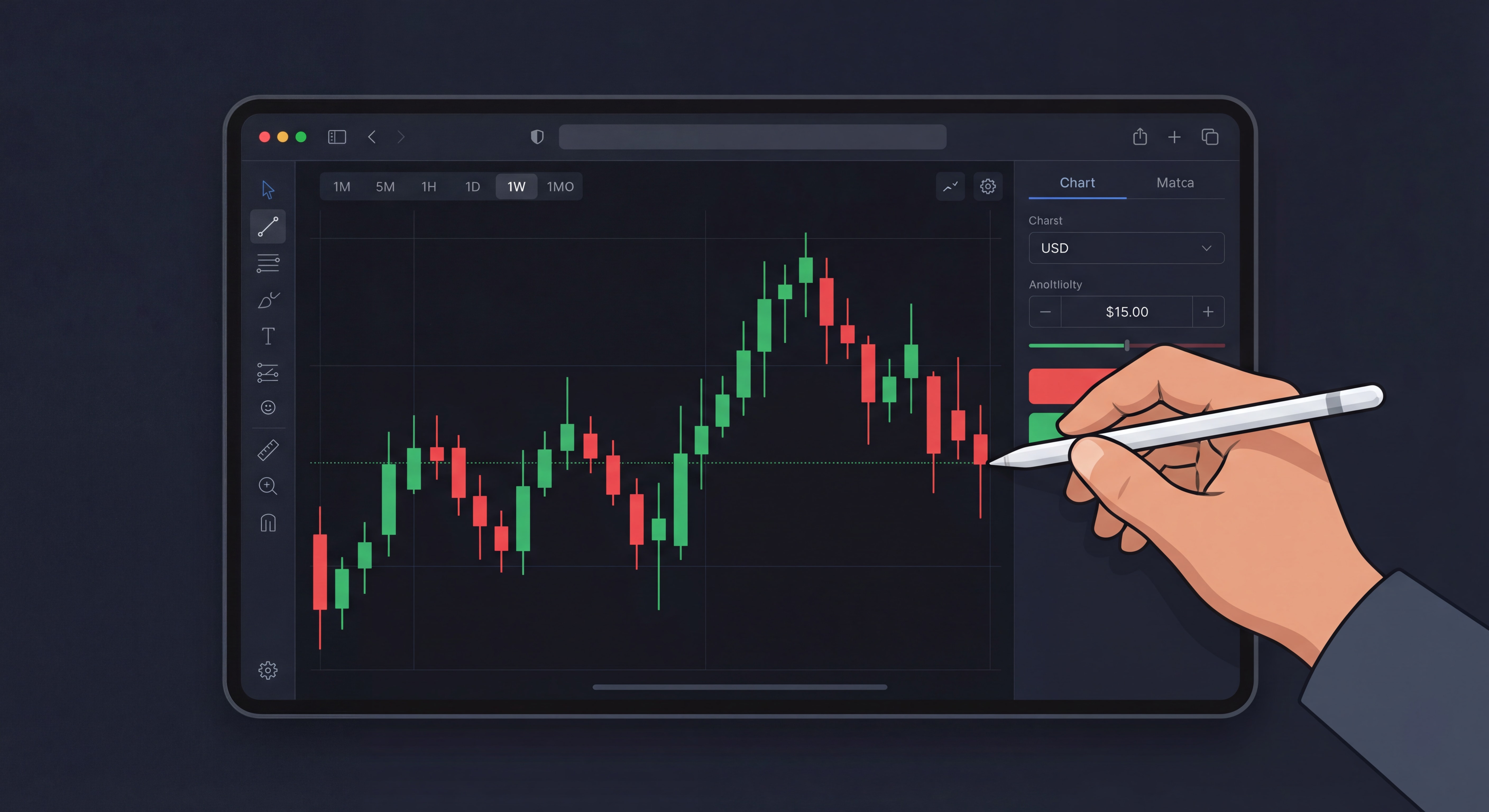 Graphique de trading montrant des bougies japonaises vertes et rouges sur une plateforme moderne