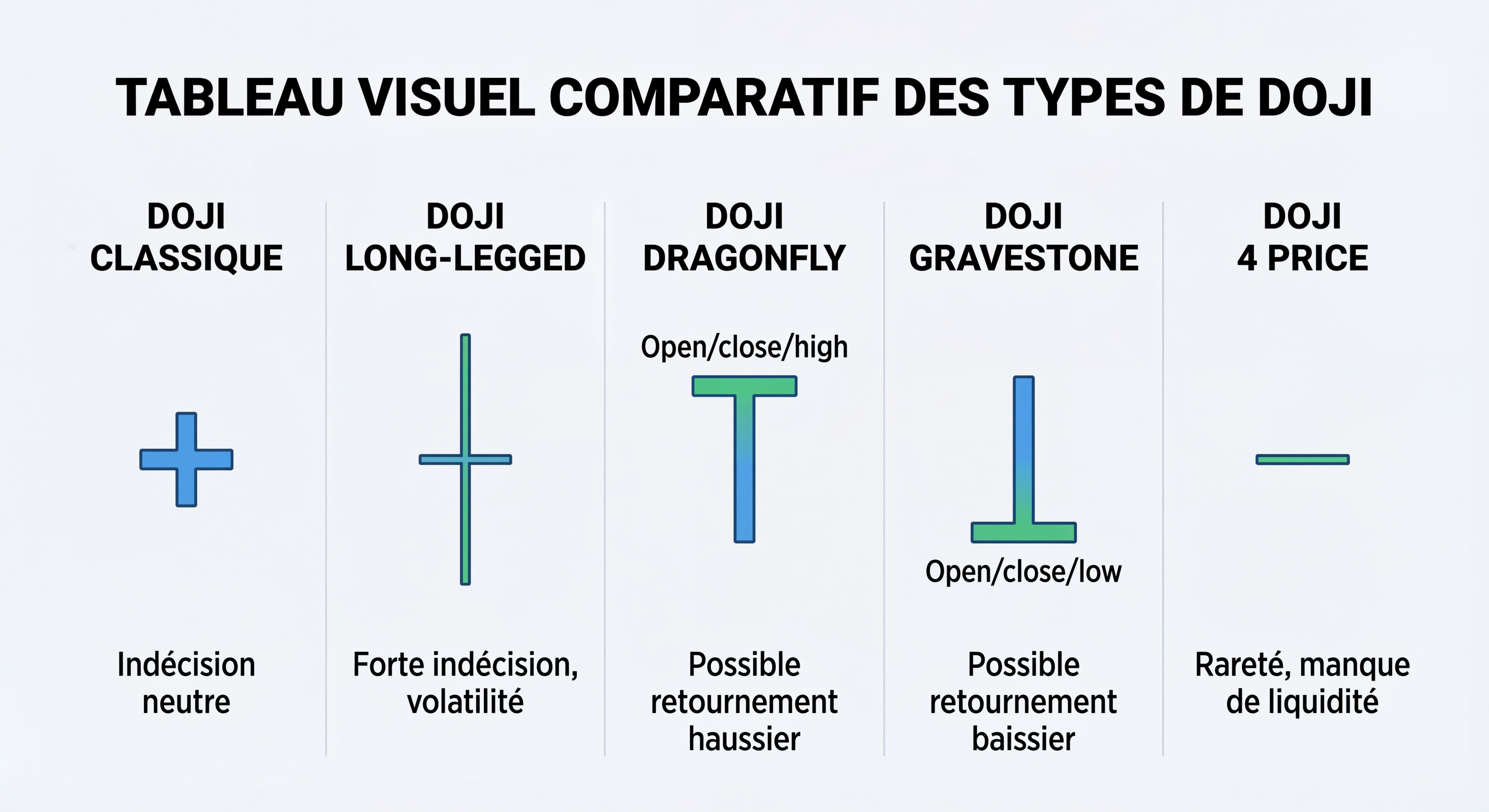 Tableau comparatif des types de doji : classique, long-legged, dragonfly, gravestone et doji 4 price
