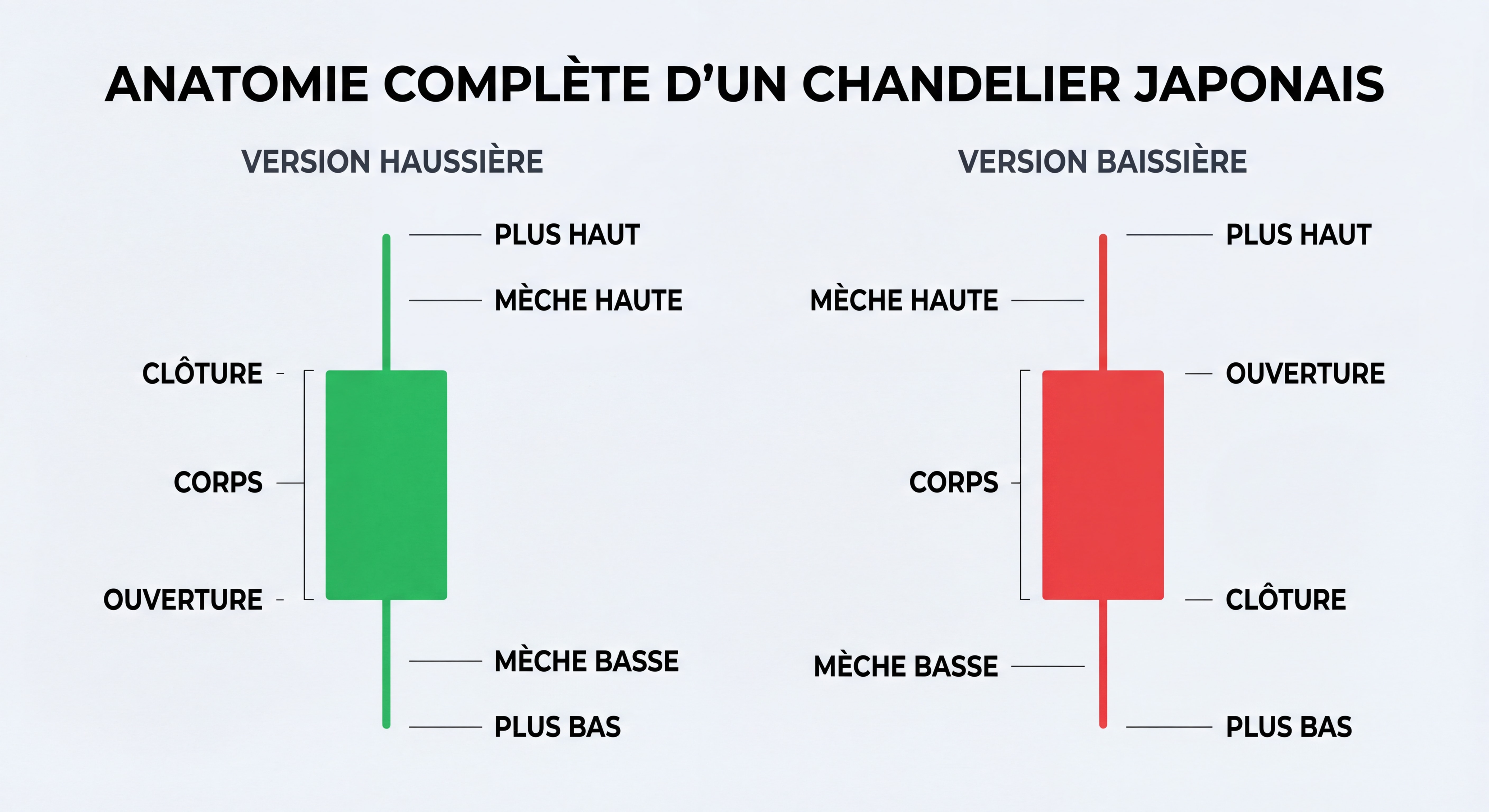 Anatomie complète d'un chandelier japonais avec corps, mèches haute et basse, ouverture, clôture