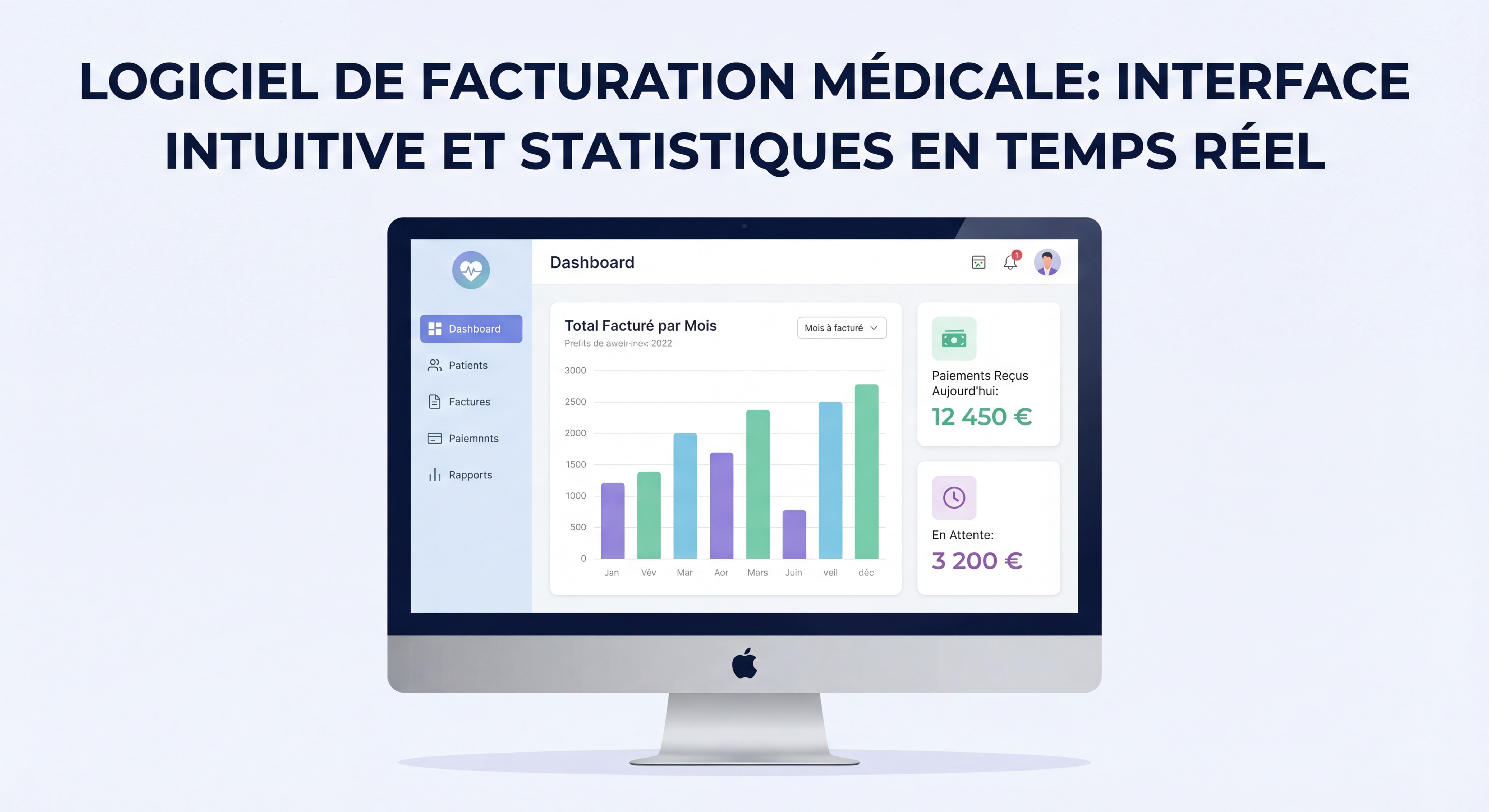 Dashboard moderne d'un logiciel de facturation médicale avec interface intuitive et statistiques en temps réel