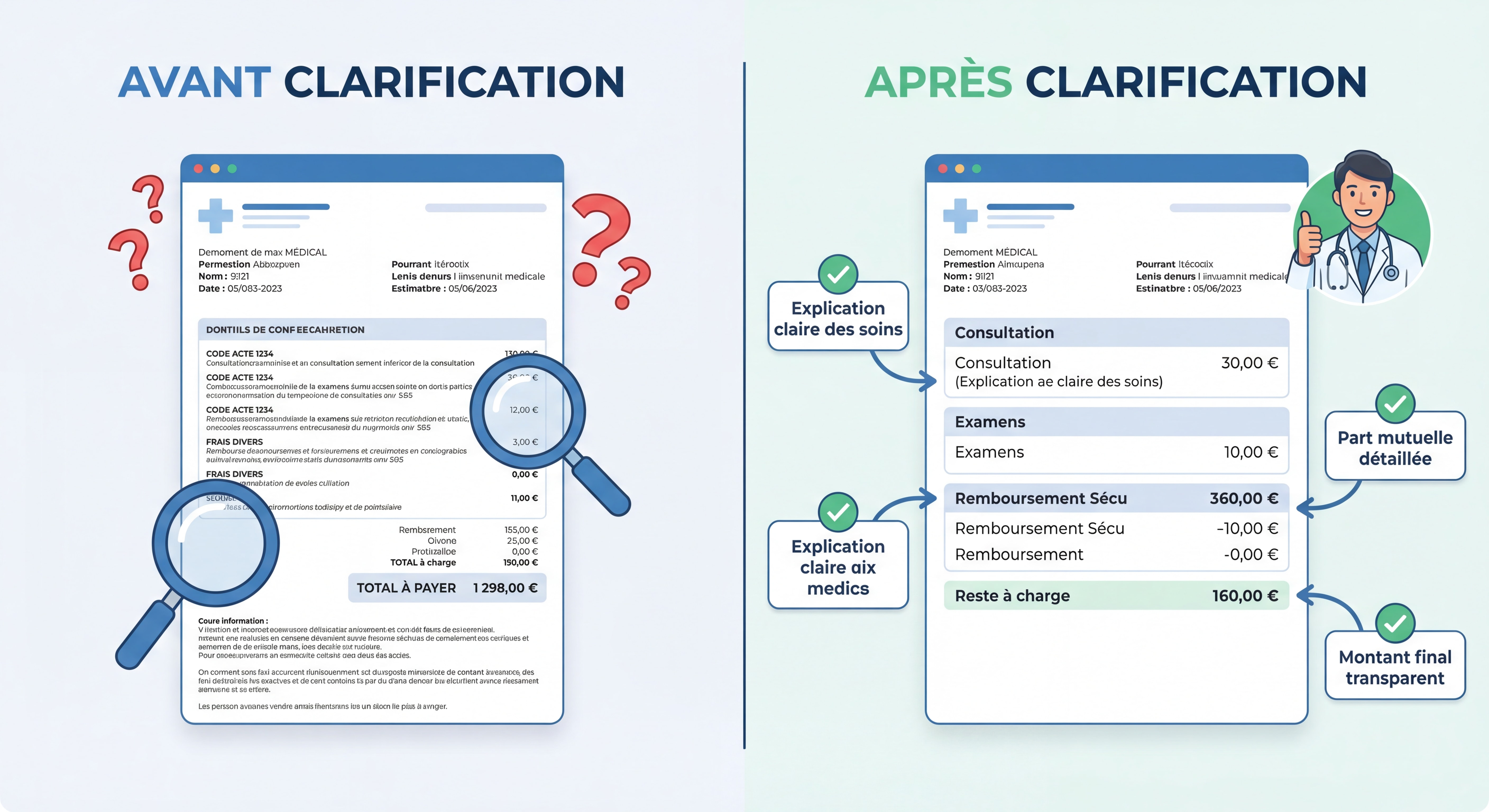 Exemple de facture médicale avant et après clarification avec annotations pédagogiques