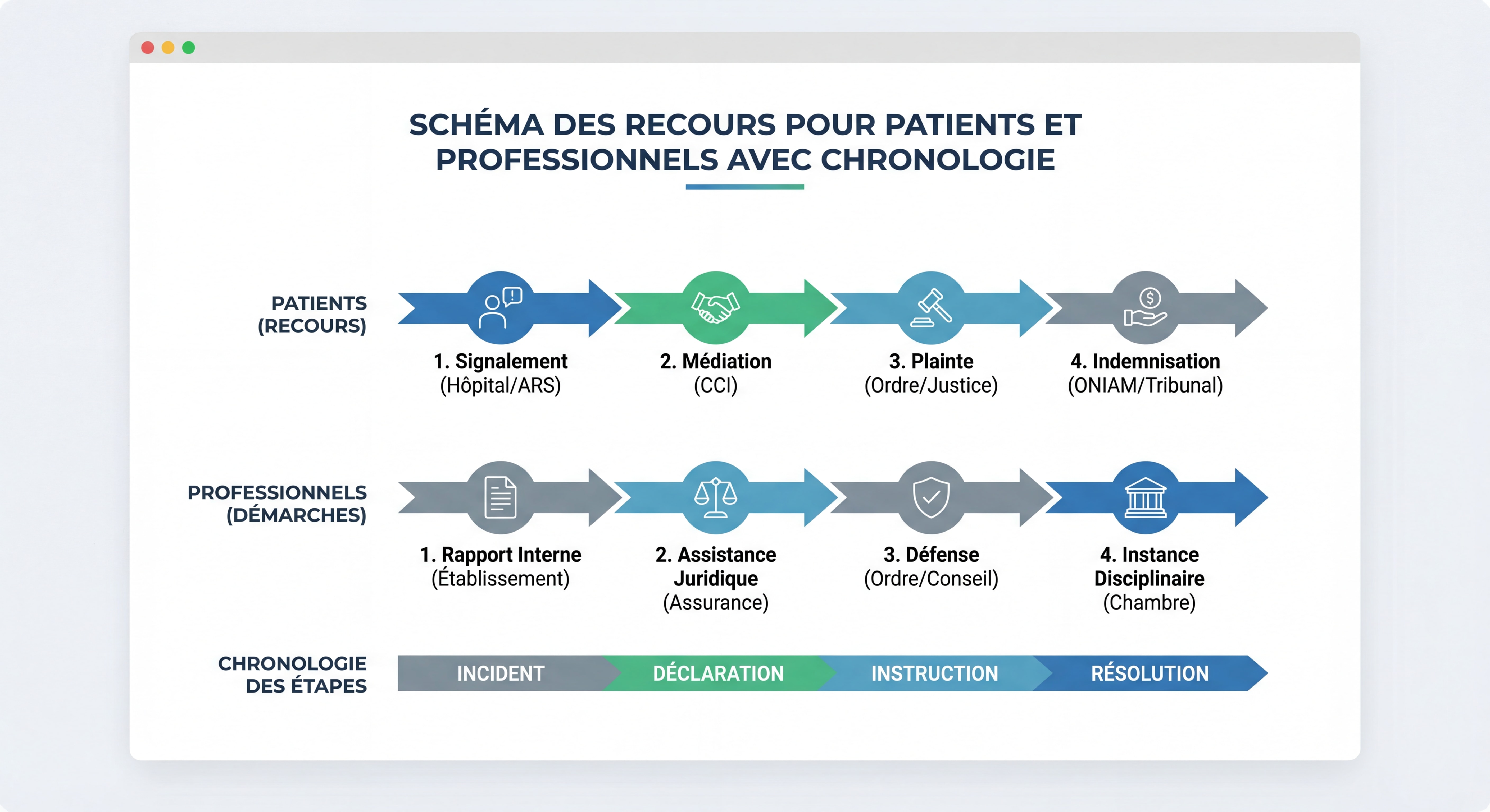 Schéma des différents recours possibles pour patients et professionnels avec chronologie des étapes