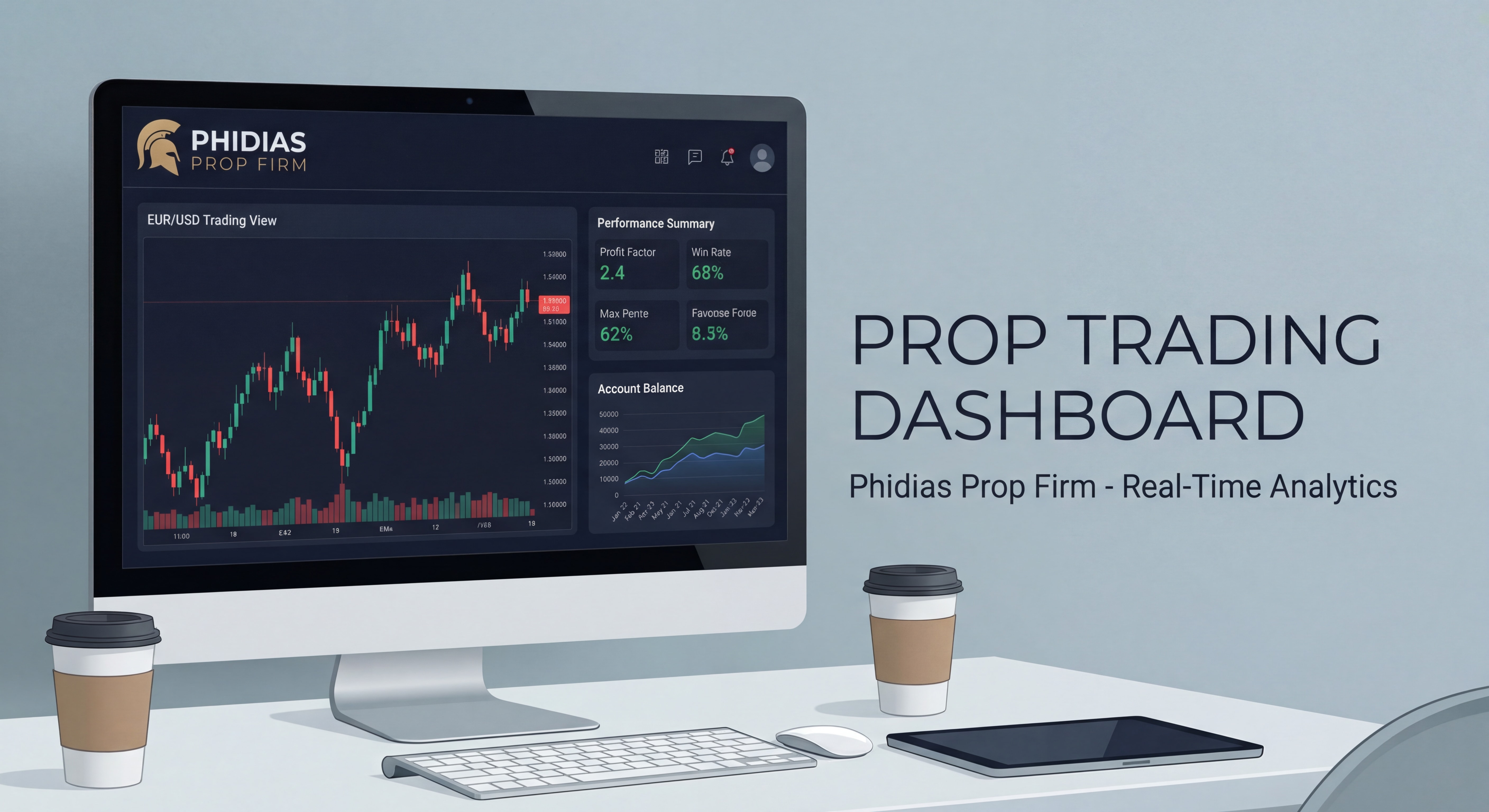 Dashboard Phidias Prop Firm montrant interface de trading avec logo officiel, graphiques et statistiques de performance