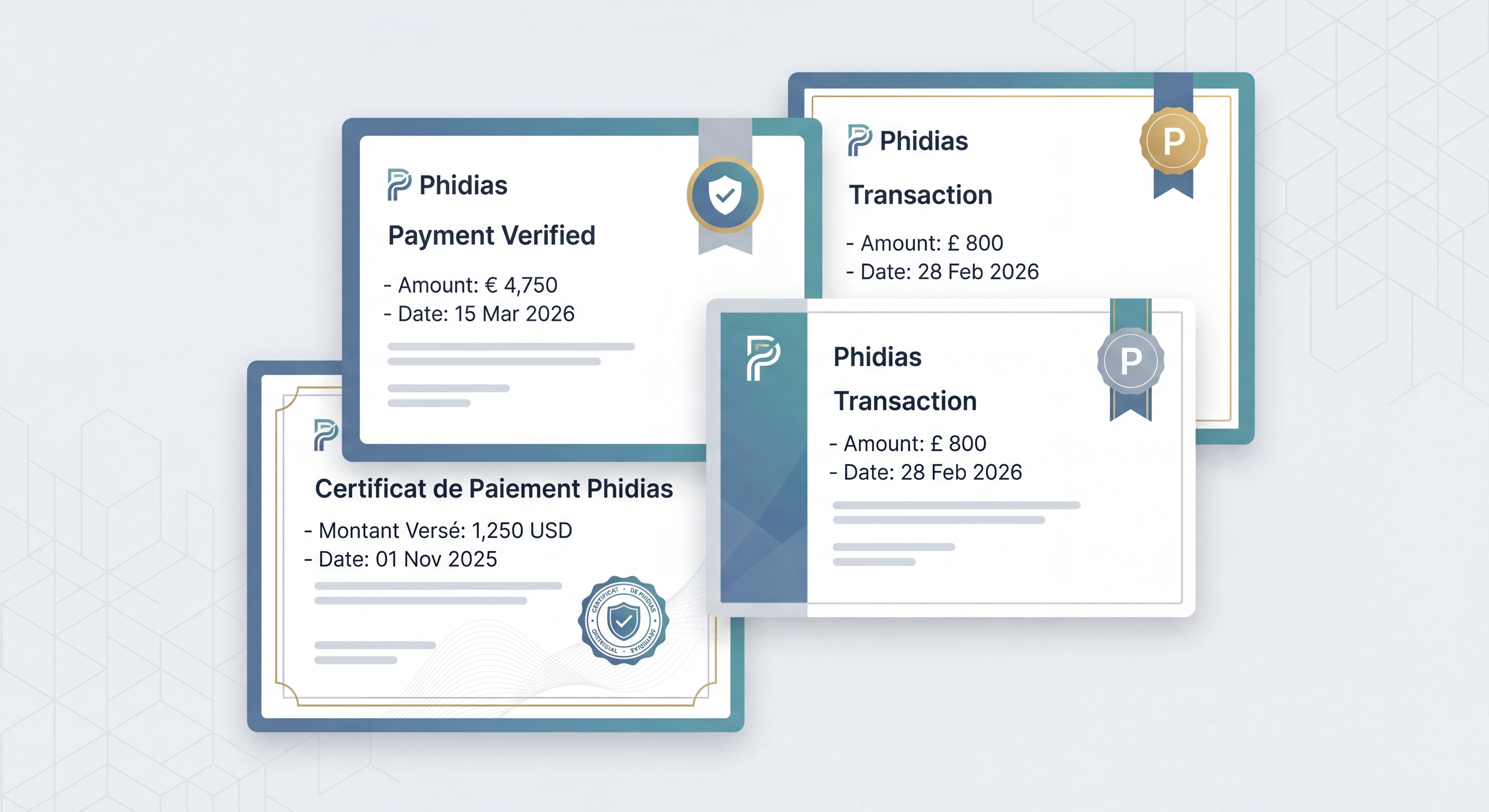 Collage de certificats de paiement Phidias montrant différents montants versés avec dates et logos officiels
