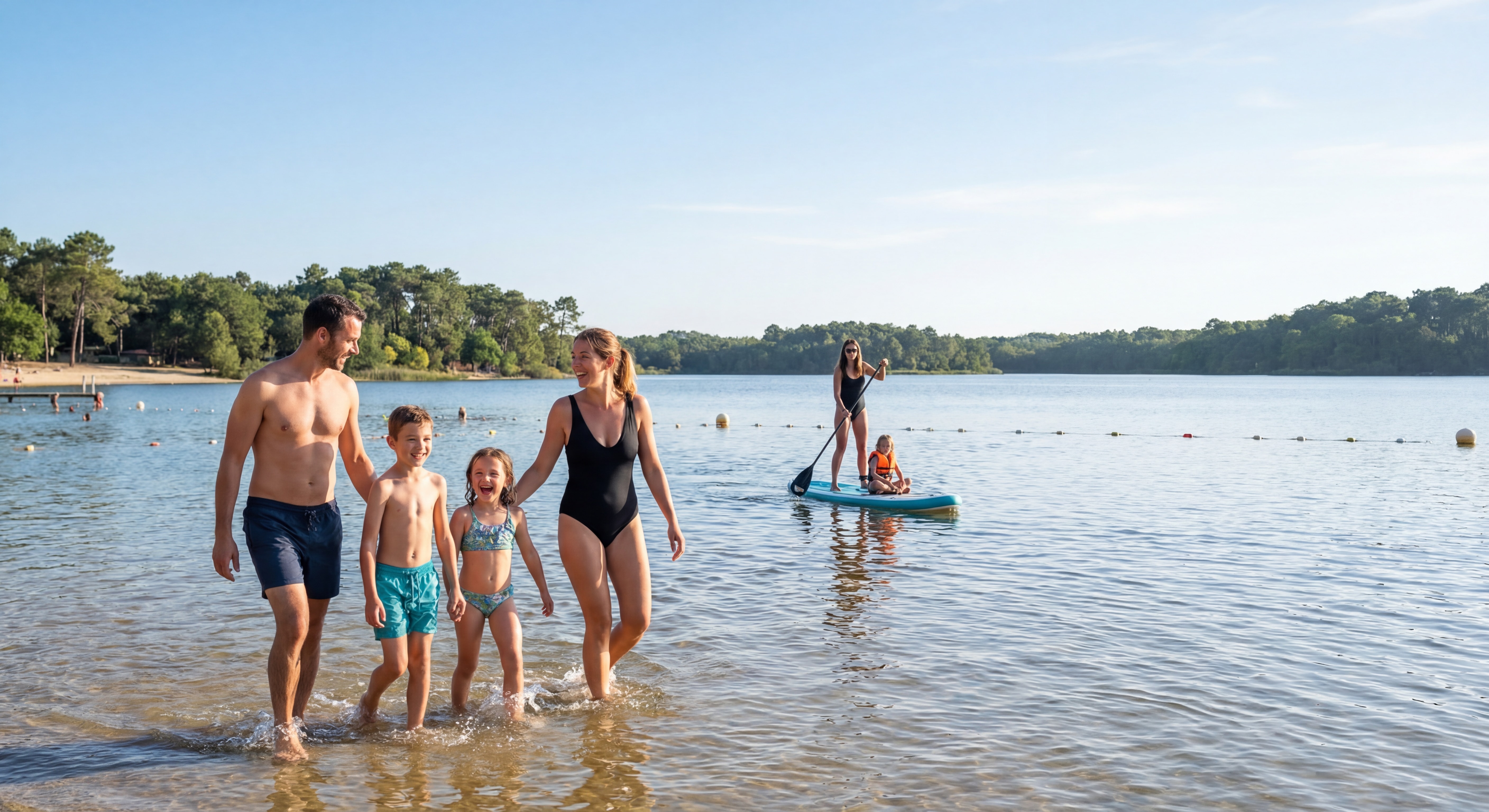 Famille avec enfants profitant de la plage du lac de Sainte-Eulalie-en-Born, baignade sécurisée et activités paddle