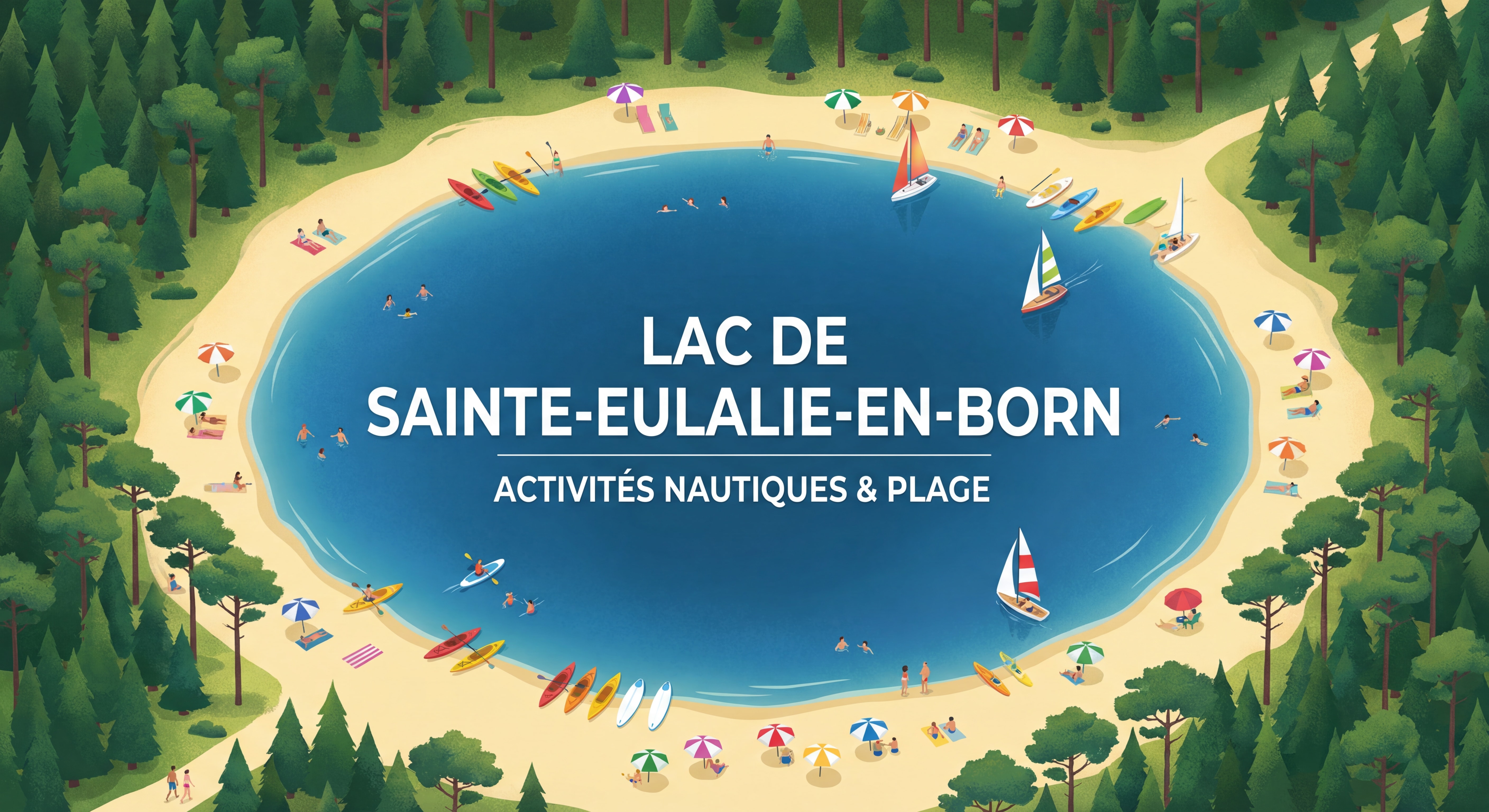 Vue aérienne du lac de Sainte-Eulalie-en-Born entouré de forêt de pins avec plage de sable fin et activités nautiques
