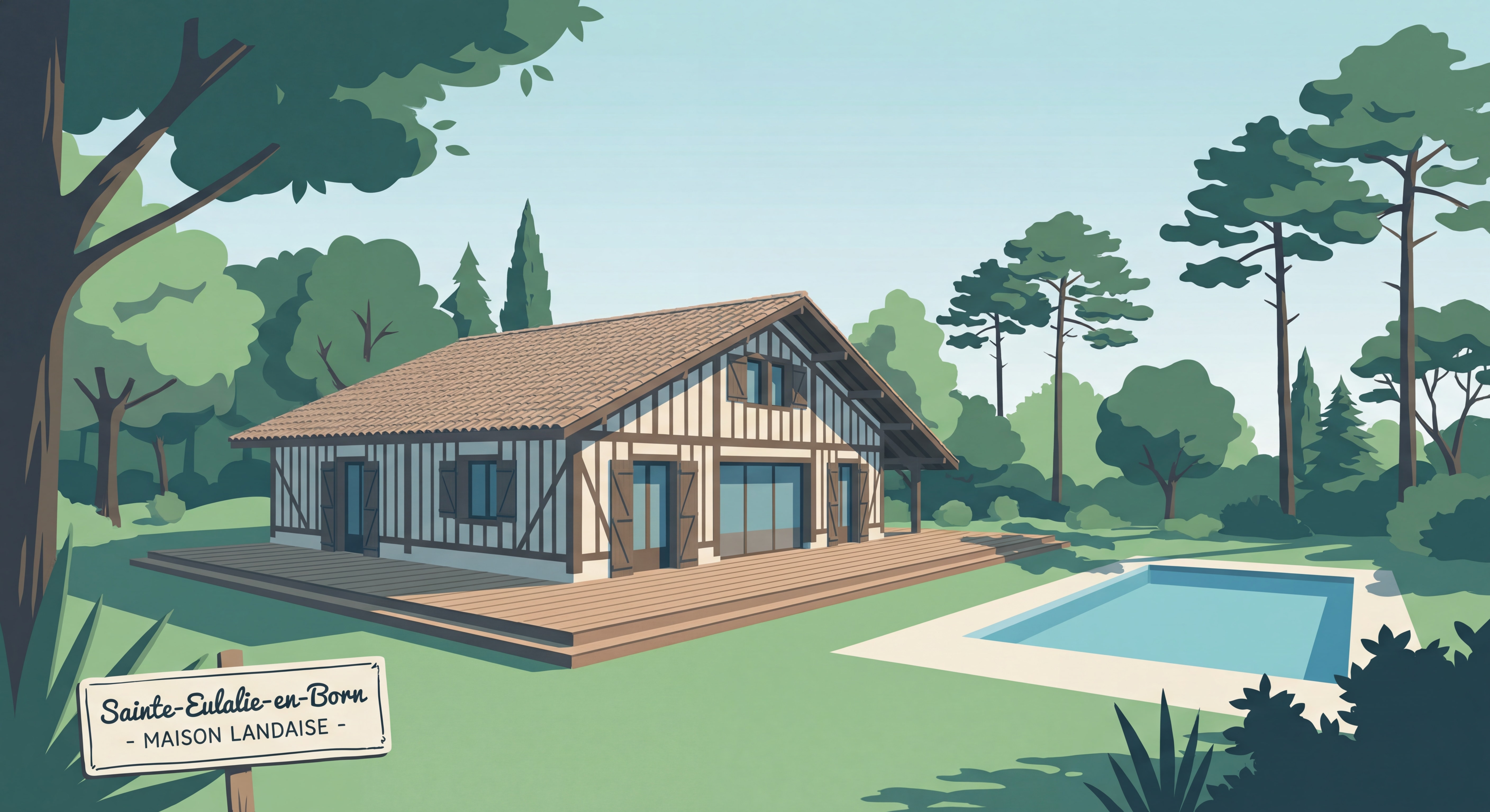 Maison landaise traditionnelle avec grand jardin arboré et piscine à Sainte-Eulalie-en-Born, environnement forestier calme
