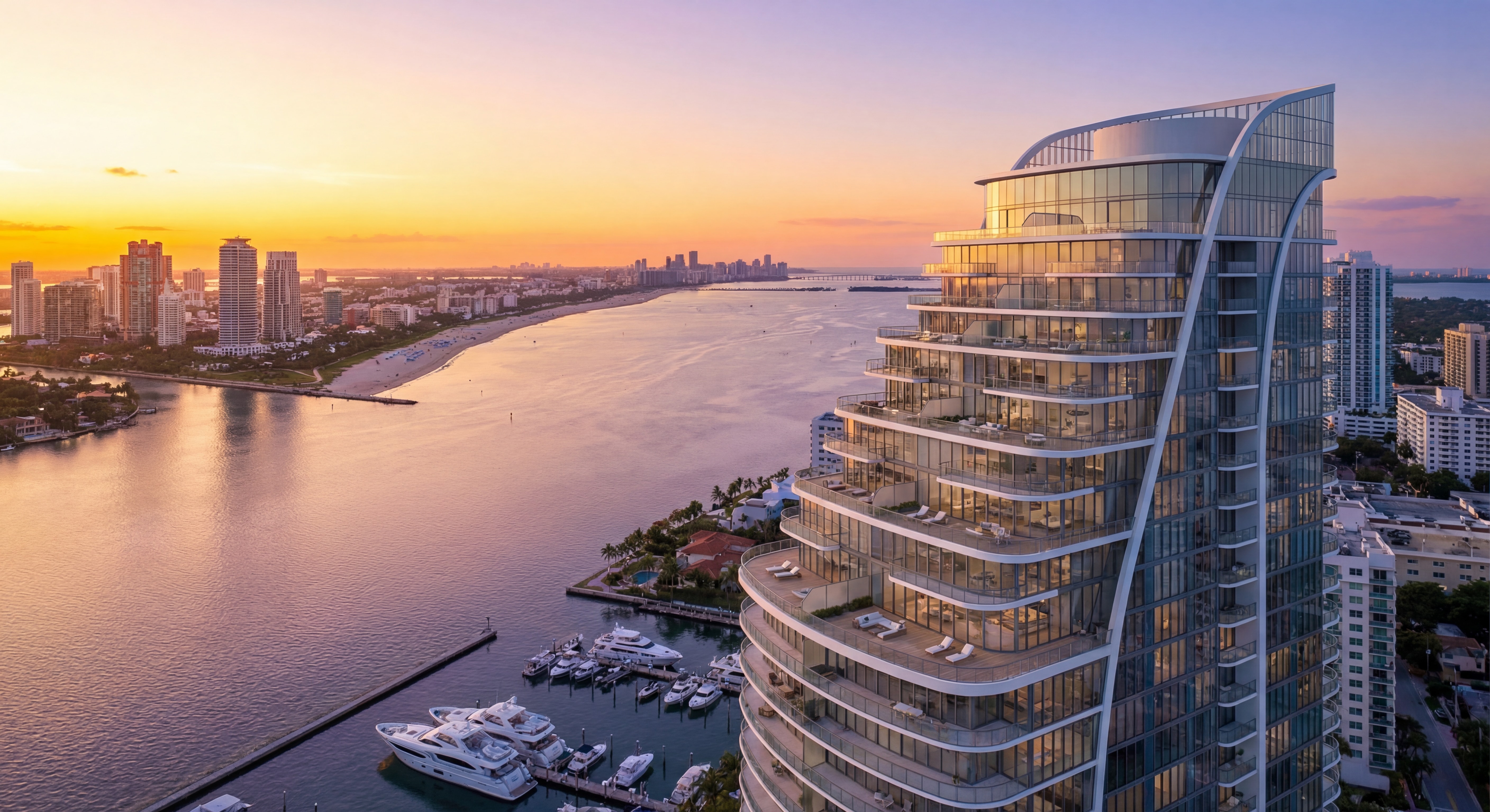 Vista aérea renderizada de Cove Miami, torre de 40 pisos con diseño arquitectónico inspirado en yates sobre Biscayne Bay en Edgewater, Miami, con vistas panorámicas al atardecer