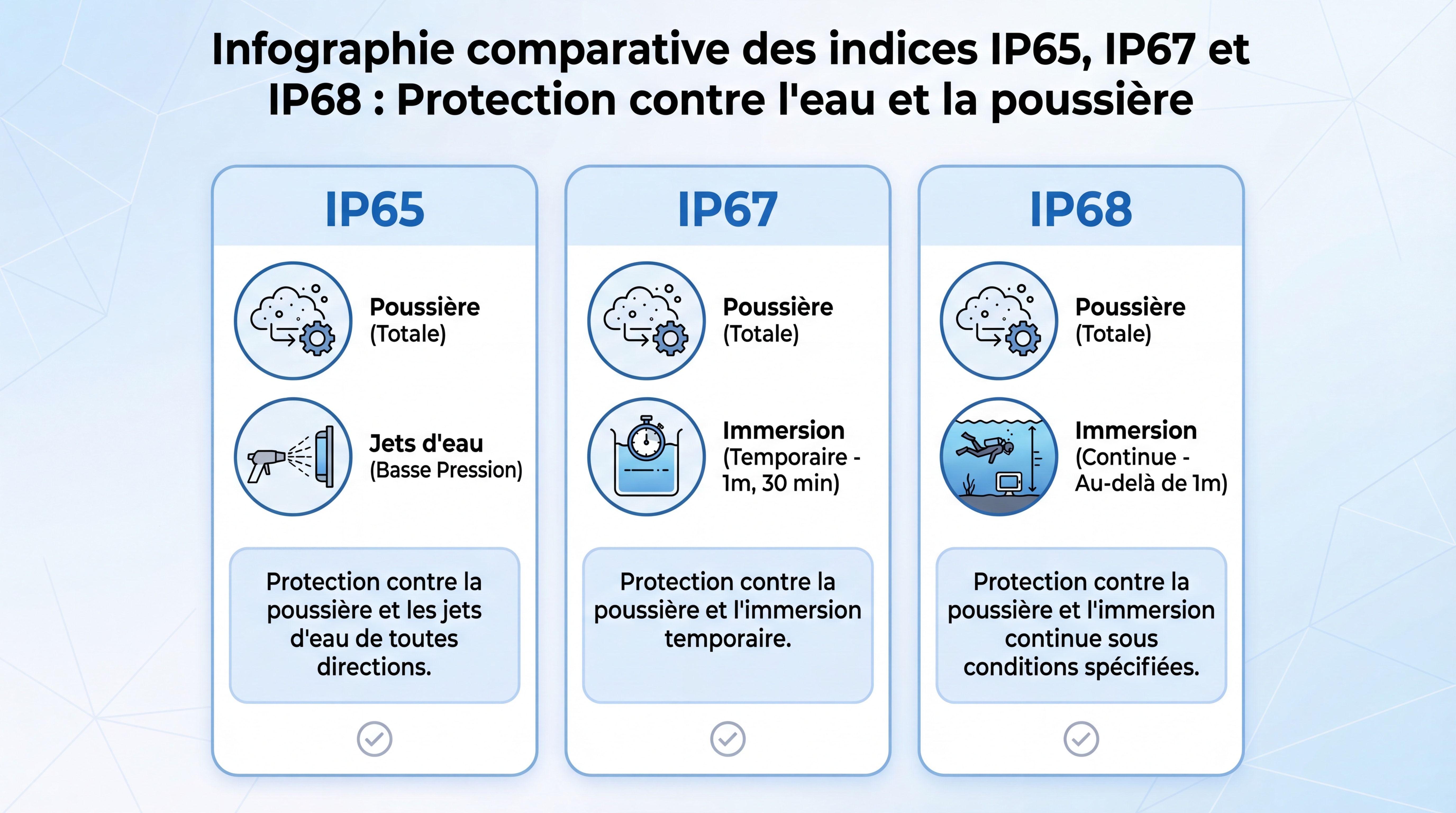Infographie comparative des indices IP65, IP67 et IP68 avec icônes représentant eau, poussière et immersion