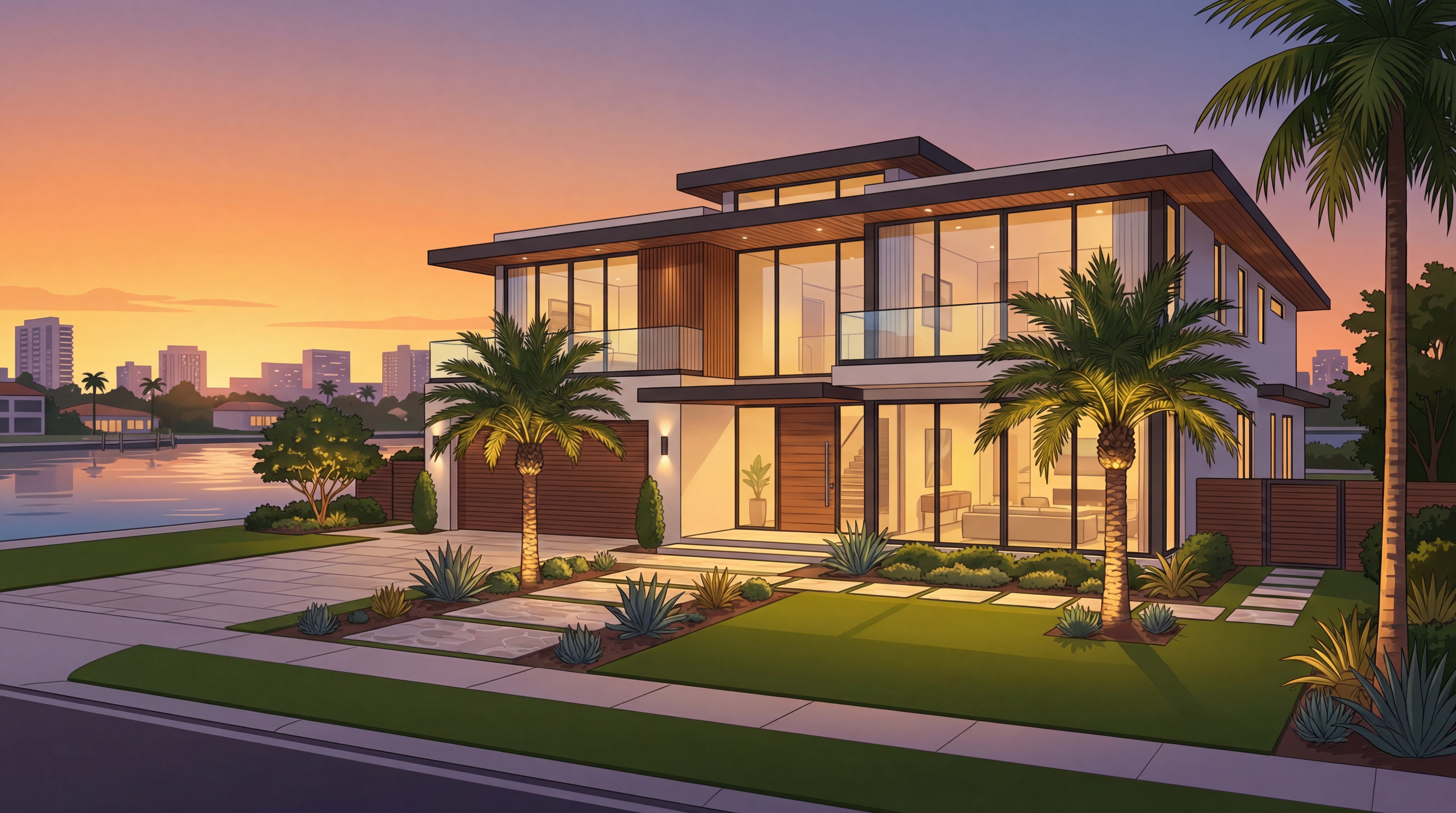 Modern luxury home exterior in Fort Lauderdale with professional landscaping and sunset lighting showcasing curb appeal