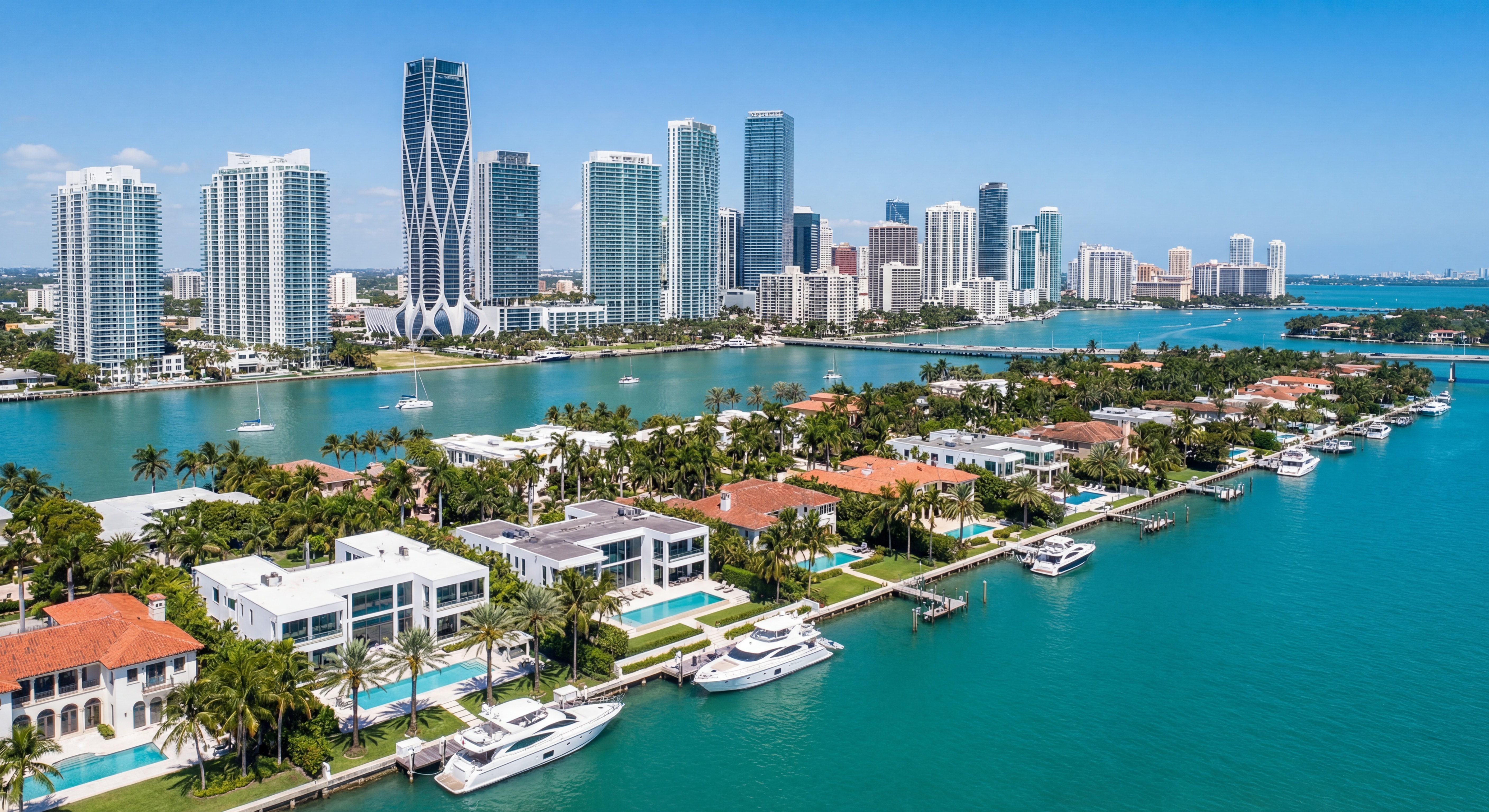 Aerial view of Miami-Dade waterfront properties with modern luxury condos and single-family homes along the coast