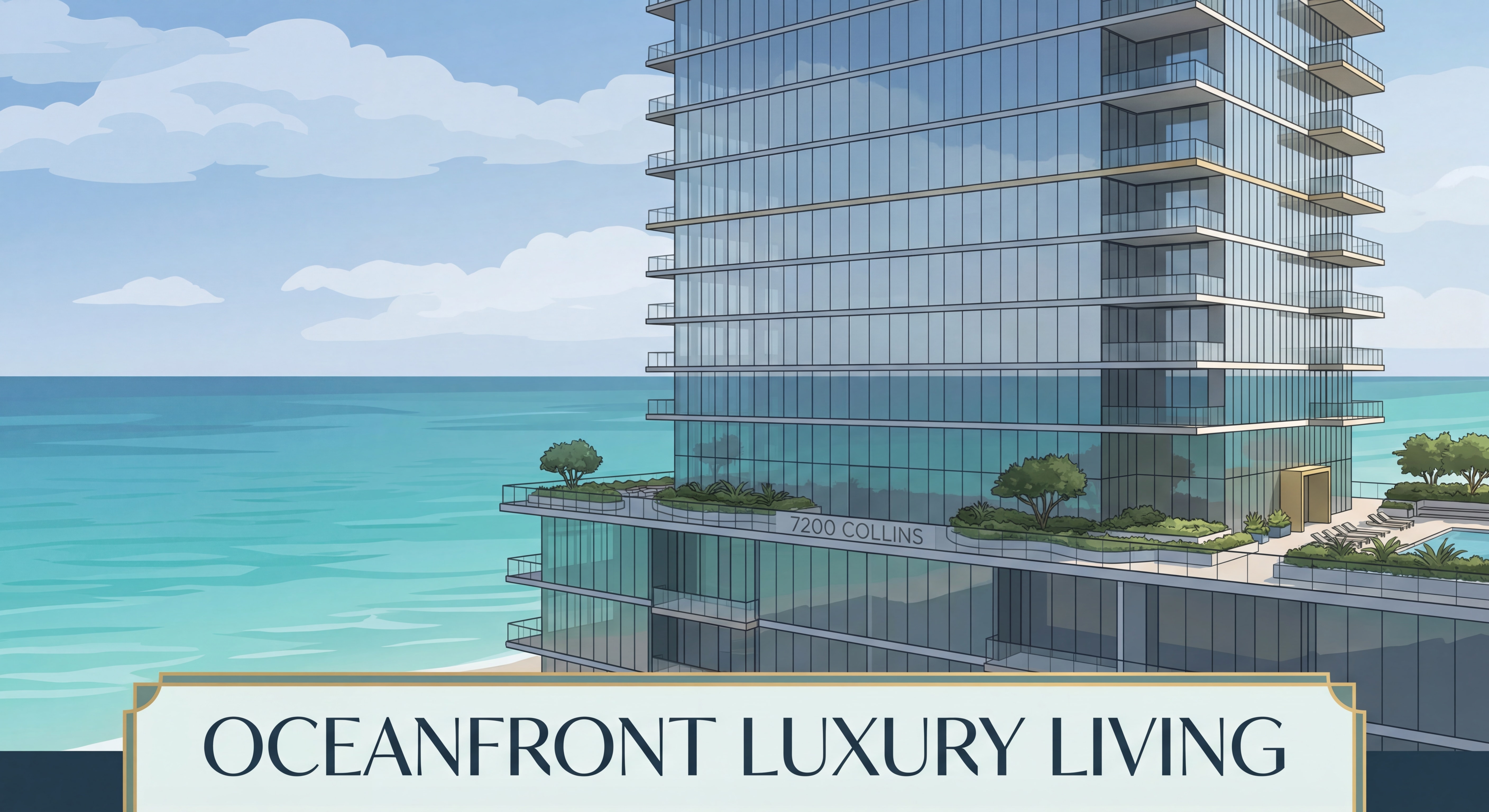 Architectural rendering of 7200 Collins luxury tower with oceanfront views and modern glass facade