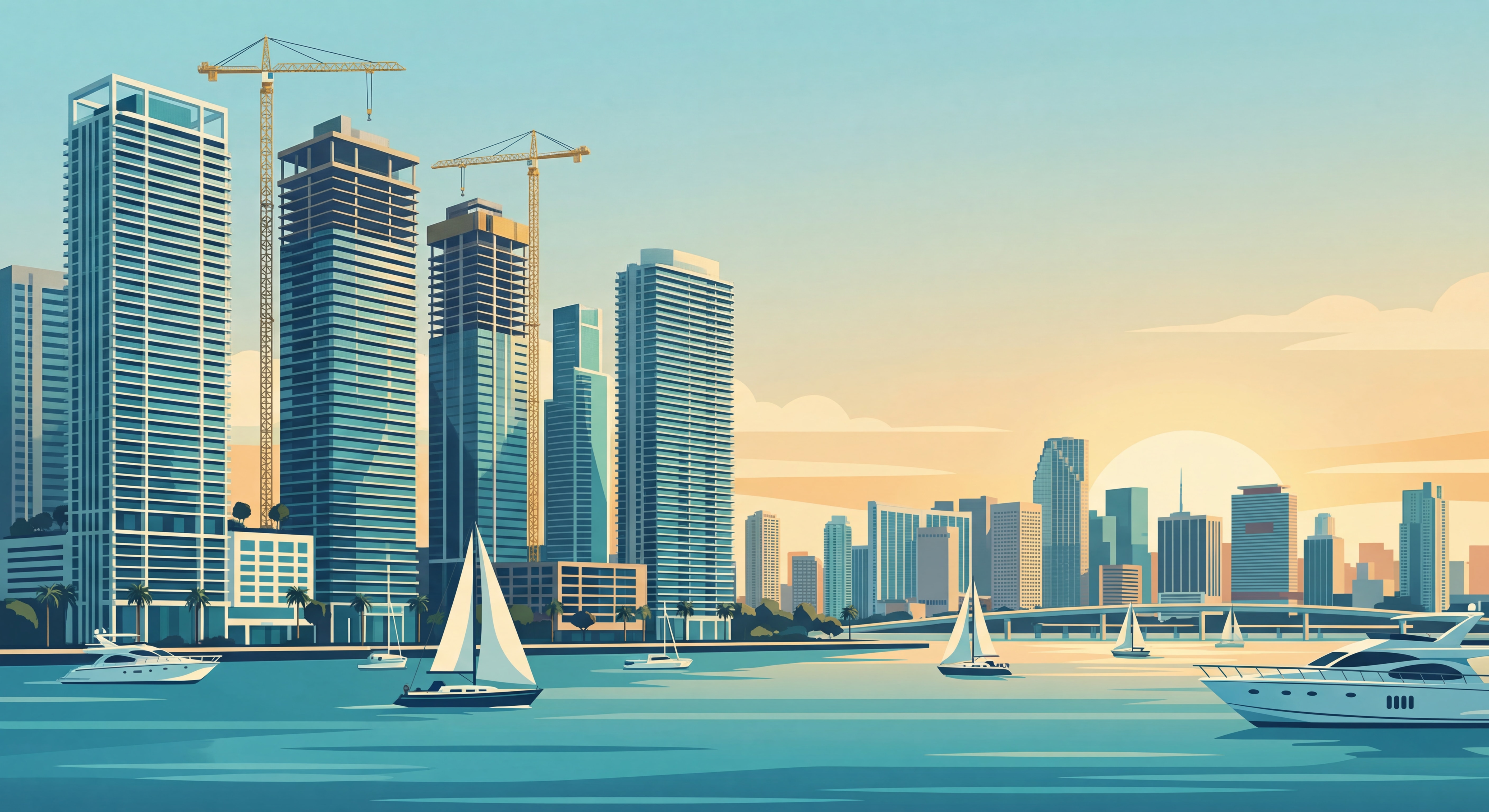 Construction cranes and new luxury towers rising along Miami's waterfront with Biscayne Bay in foreground