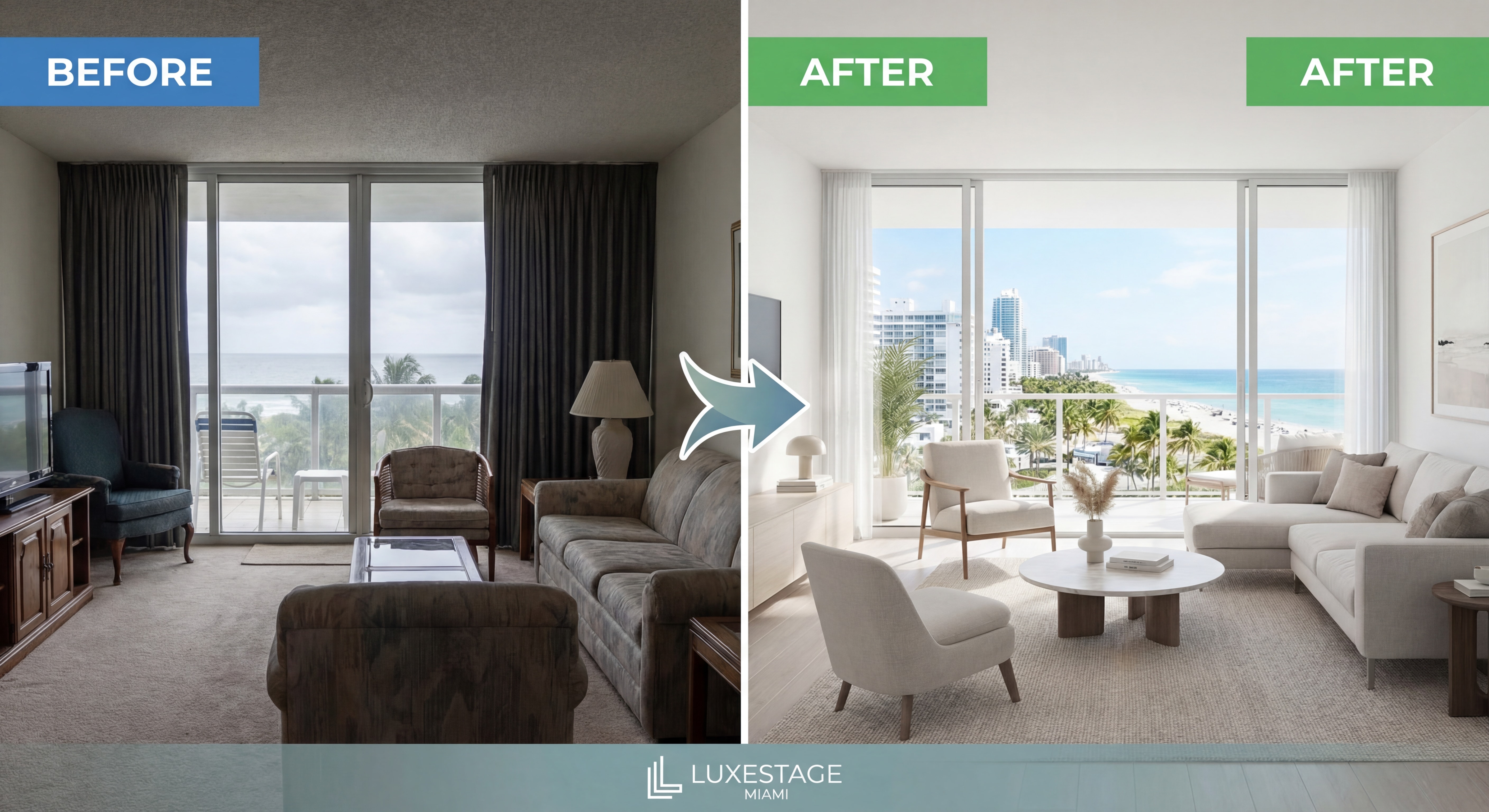 Before and after transformation of a Miami Beach waterfront property showing staging and professional presentation