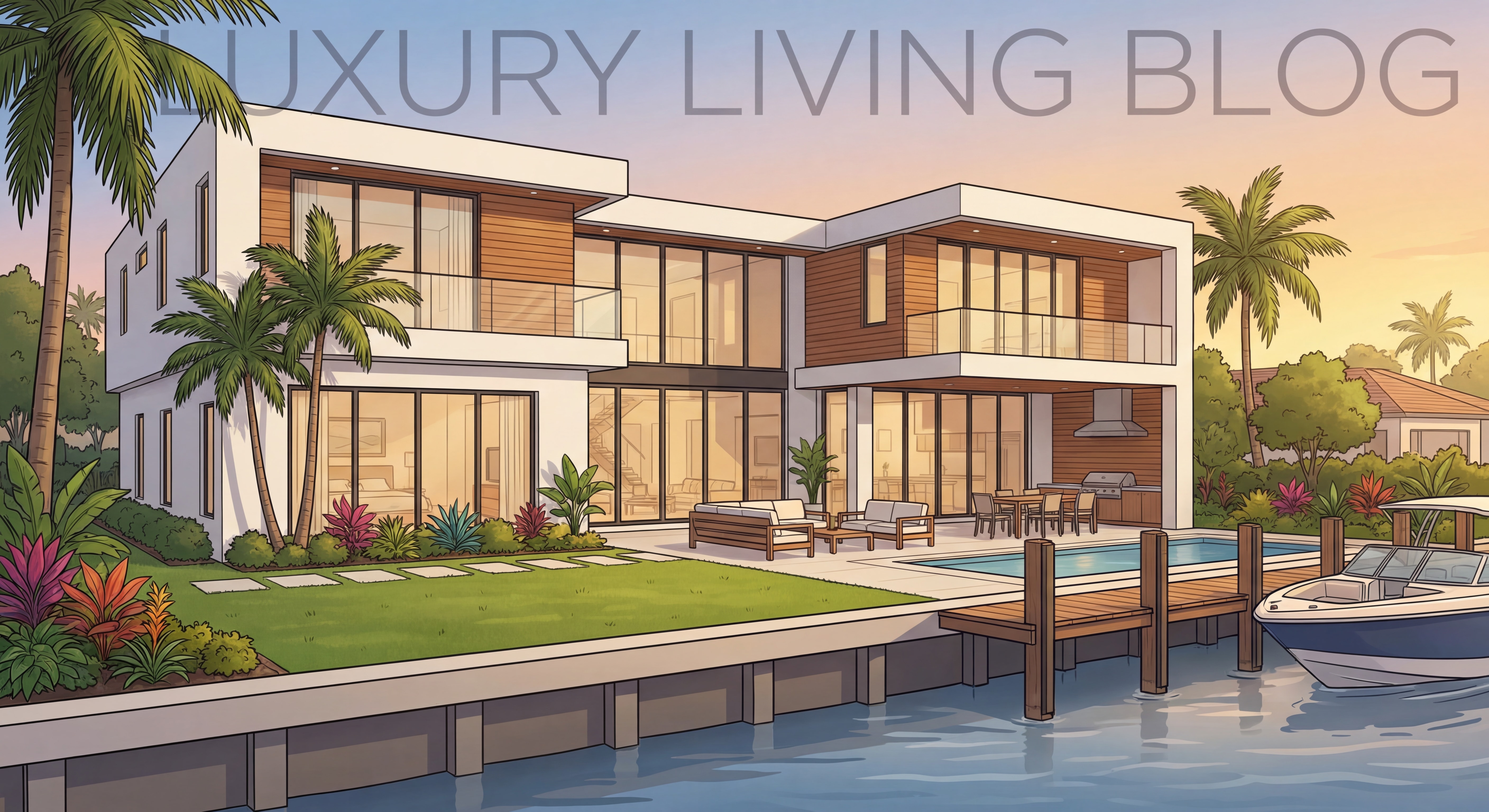 Modern South Florida waterfront home with professional staging and pristine curb appeal showcasing tropical landscaping