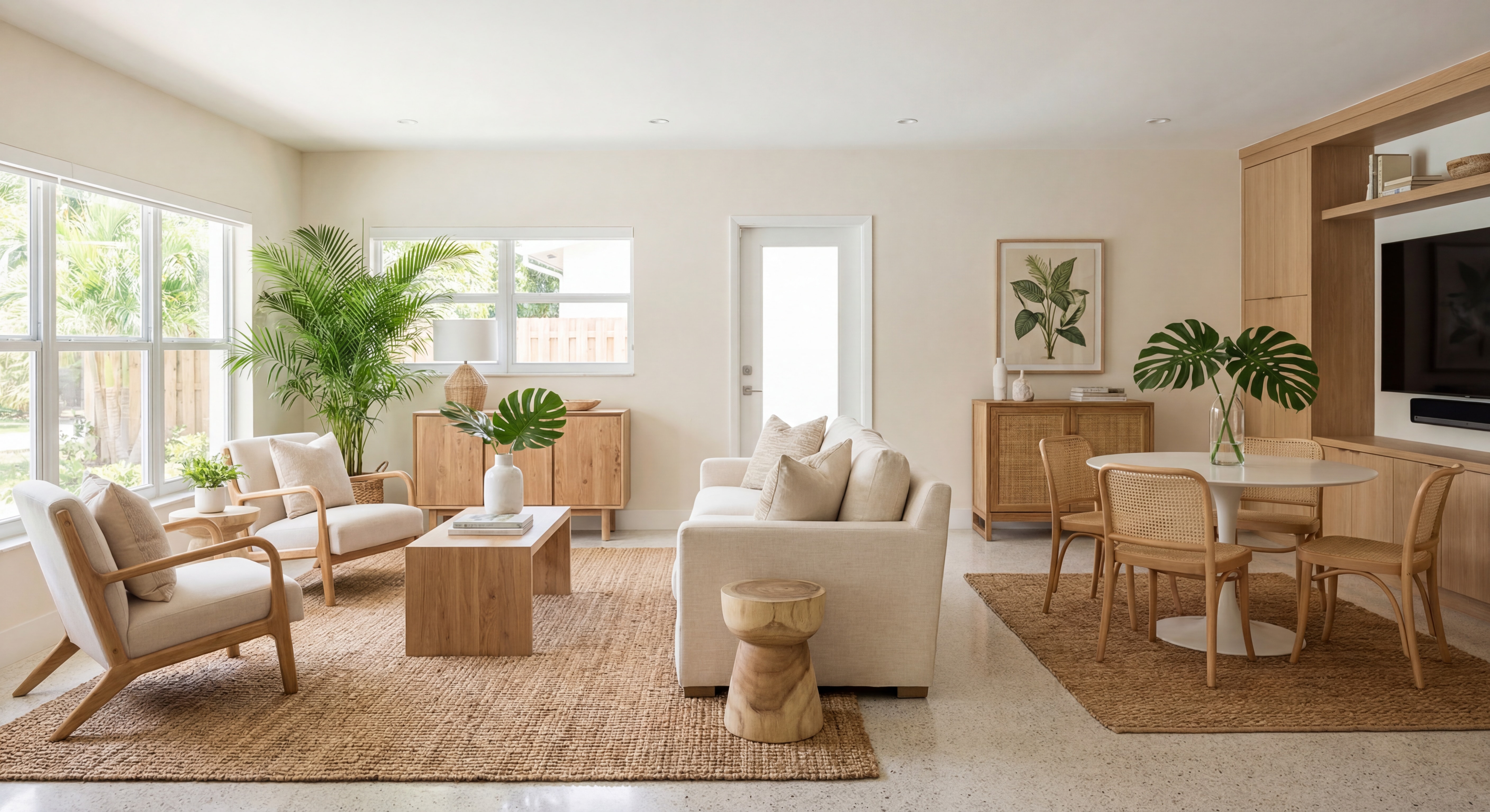 Professionally staged South Florida living room with warm neutral tones, tropical accents, and clearly defined functional spaces