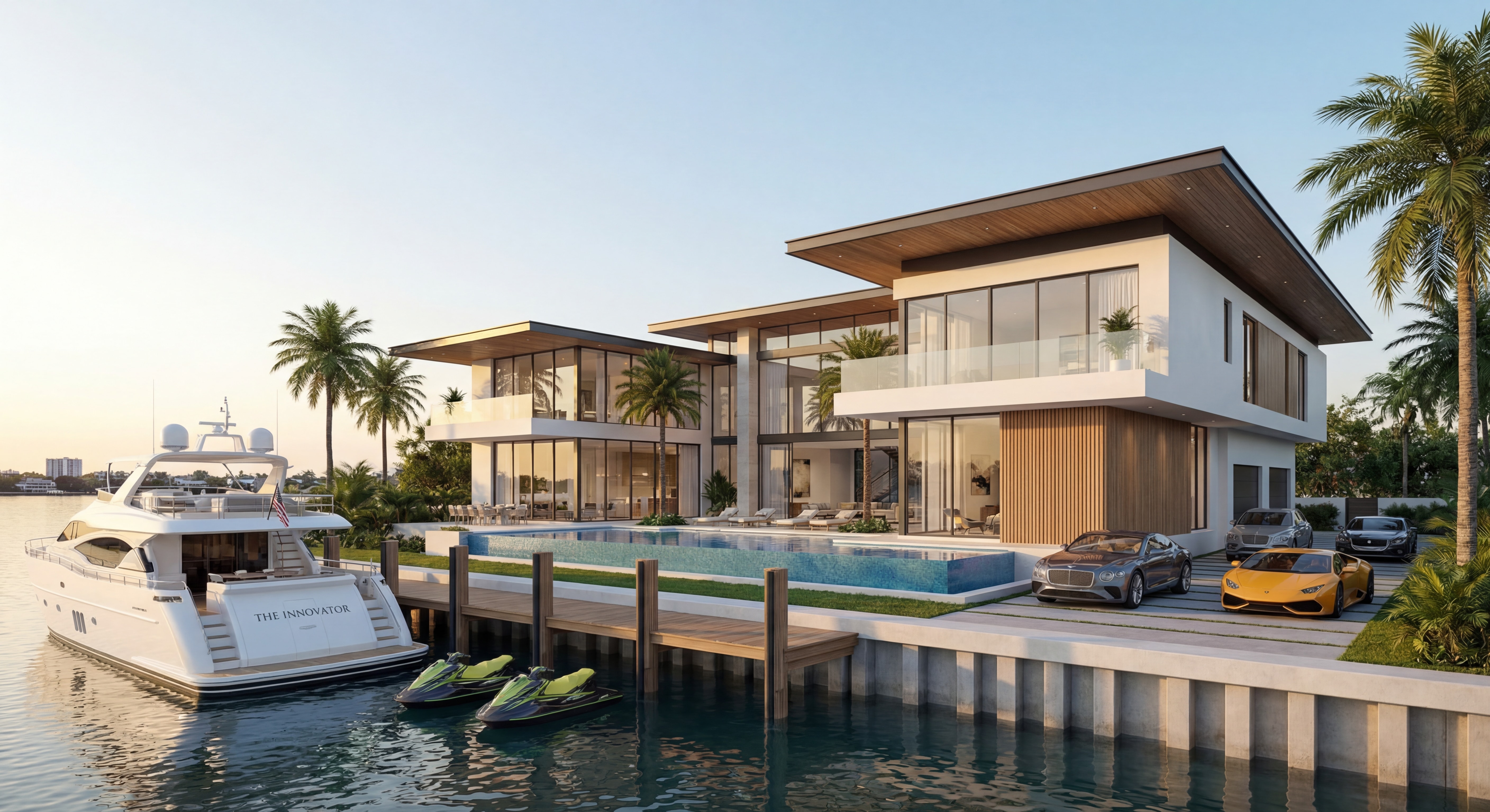 Luxury waterfront mansion in Miami with private dock and modern architecture, representing billionaire-level properties
