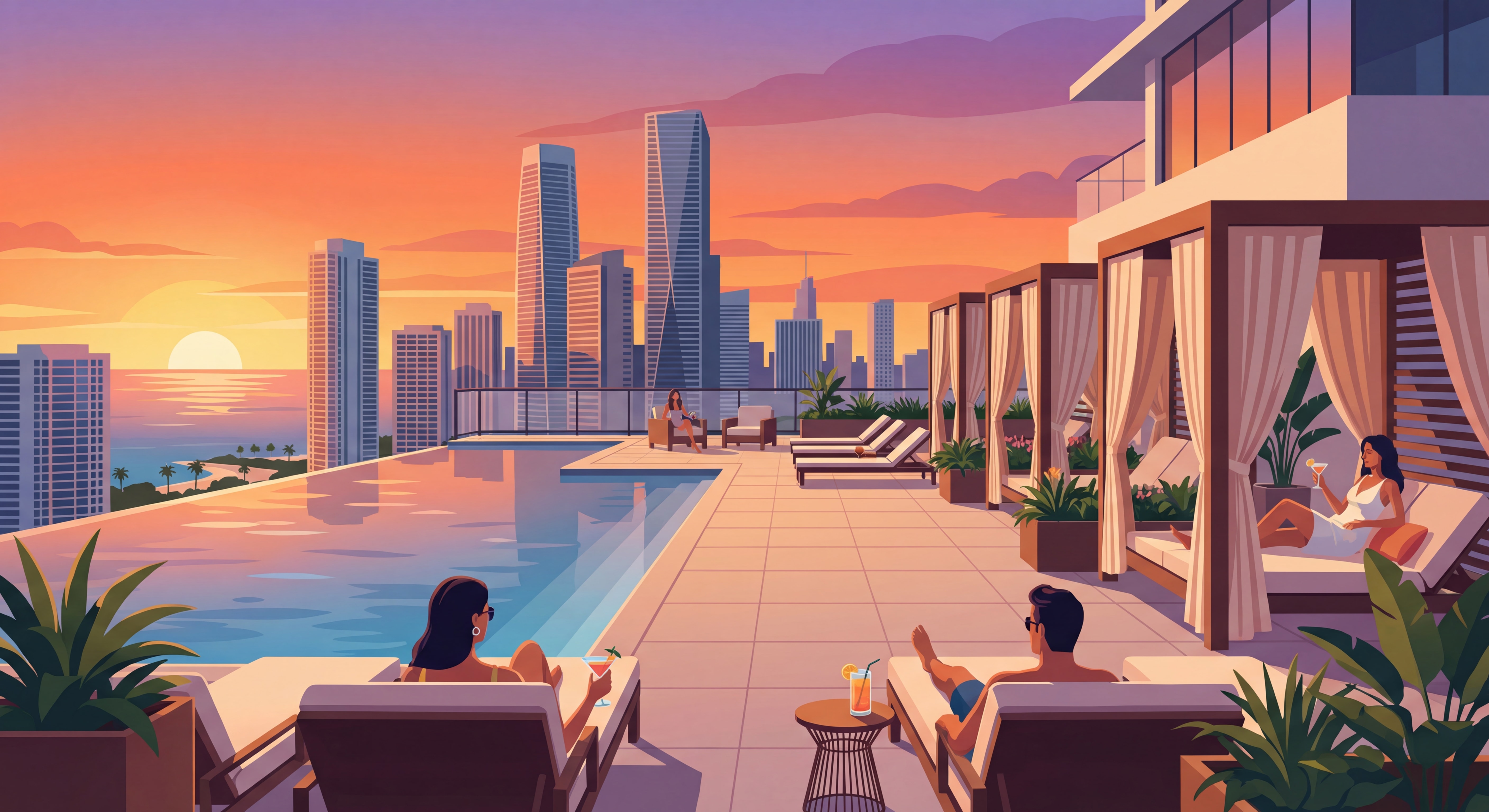 Luxury condo rooftop pool deck with infinity pool, cabanas, and panoramic Miami skyline views at sunset