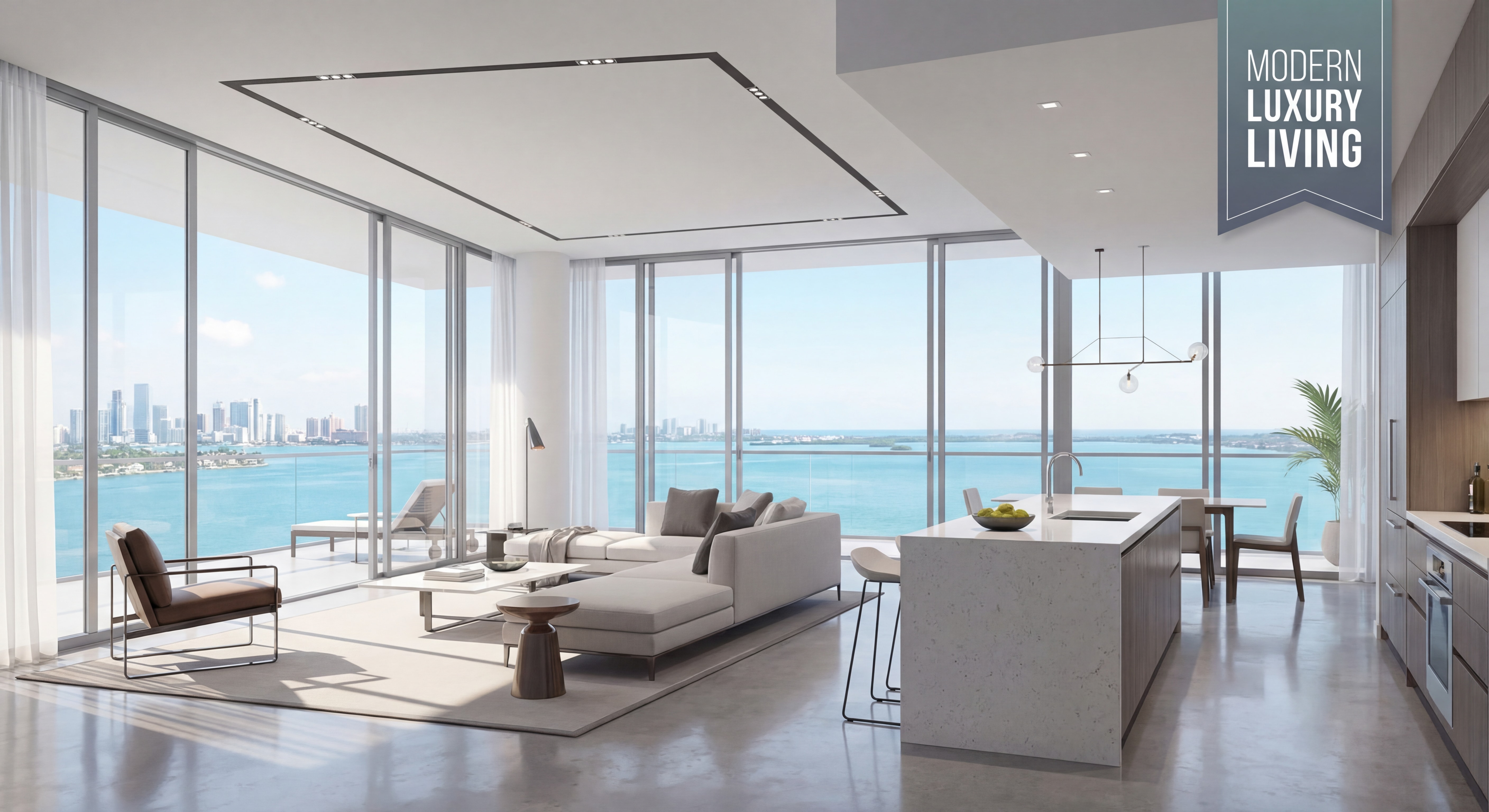 Modern luxury condo interior with floor-to-ceiling windows showcasing Biscayne Bay views, high-end finishes and open floor plan