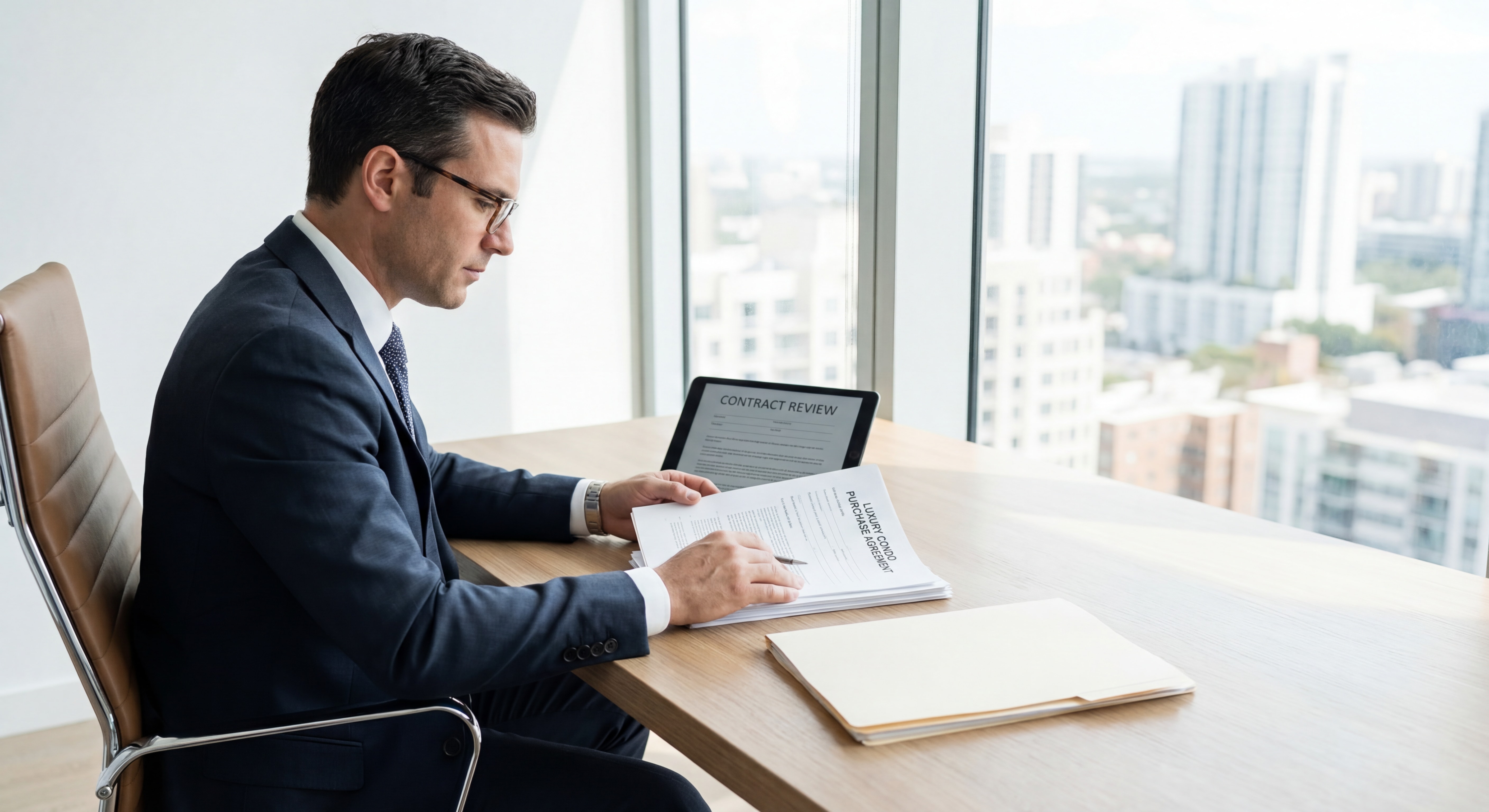 Professional real estate attorney reviewing luxury condo contracts and documents at modern office desk