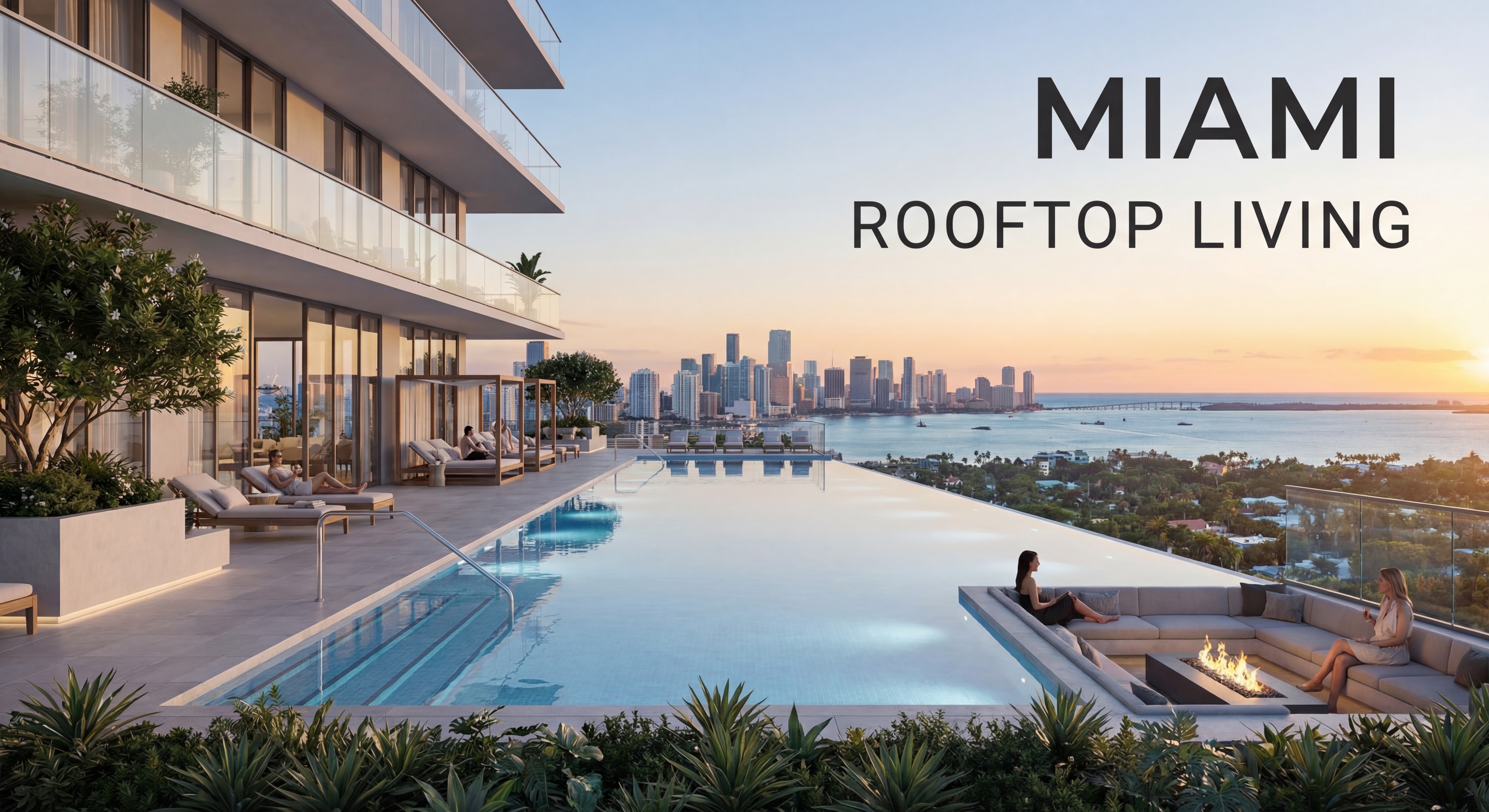 Luxury condo rooftop pool and lounge area with panoramic Miami skyline views
