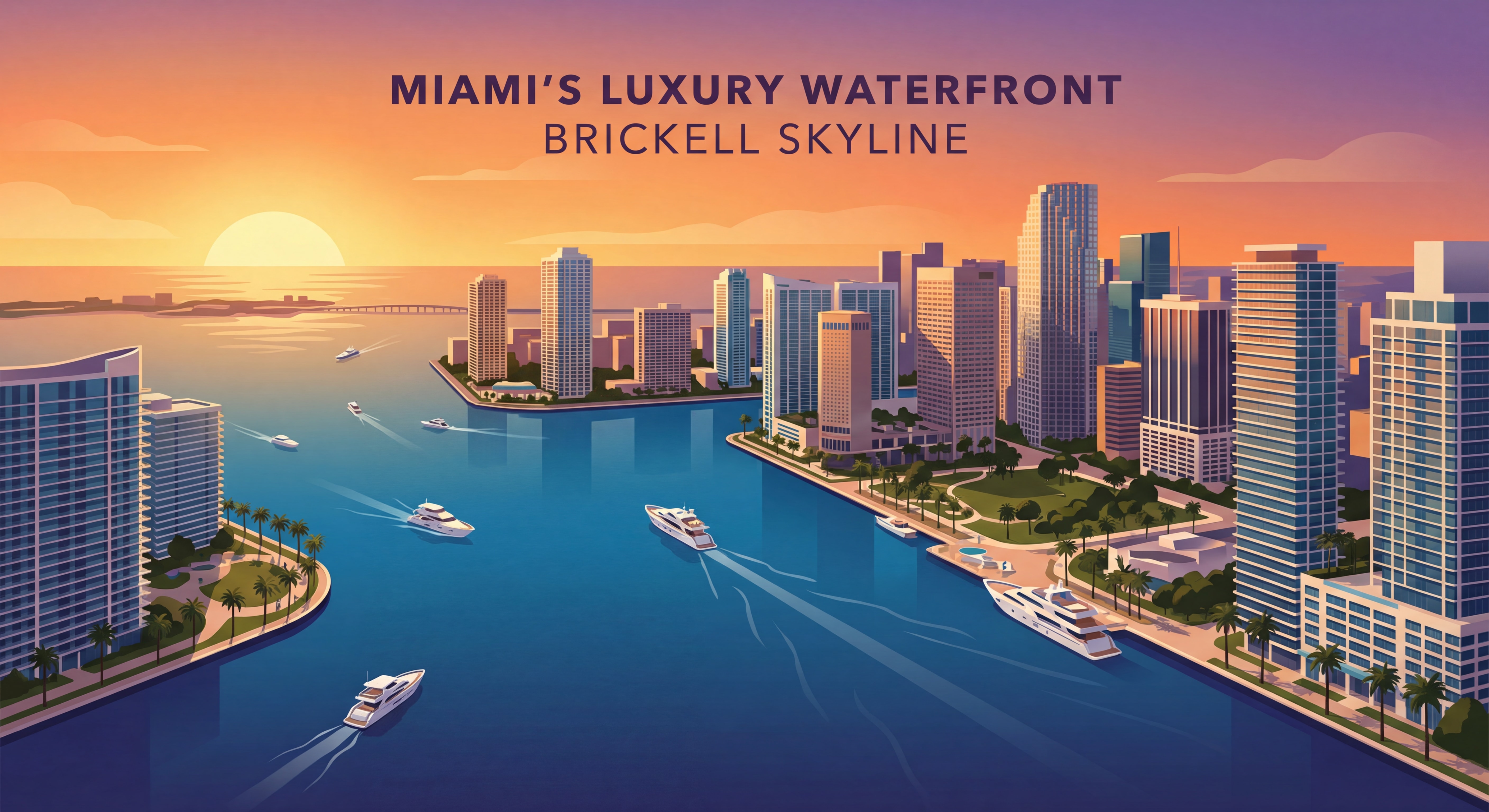 Aerial view of Miami luxury waterfront skyline at sunset showing Brickell high-rises and Biscayne Bay