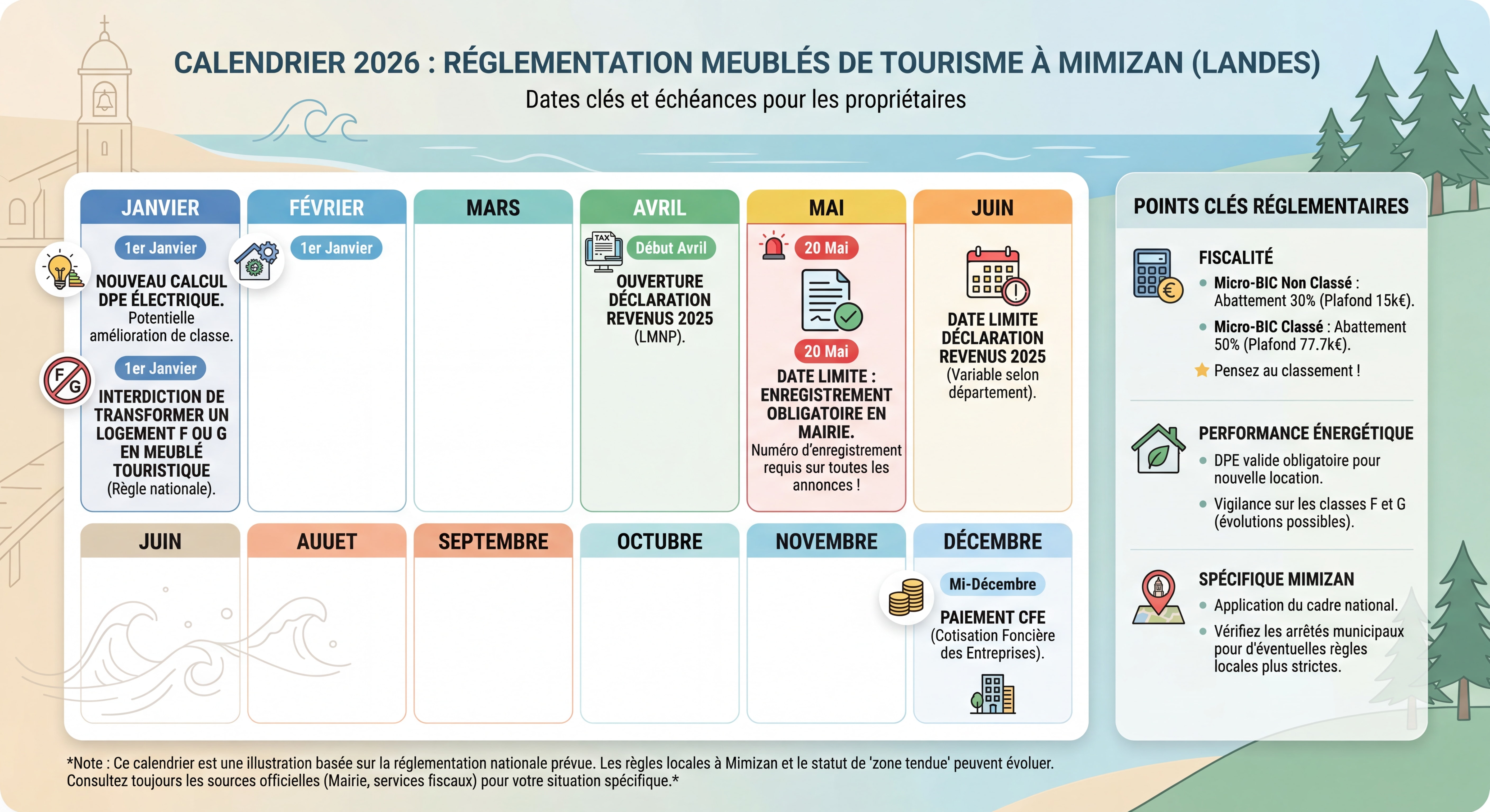 Calendrier 2026 avec dates clés réglementation meublés touristiques Mimizan Landes