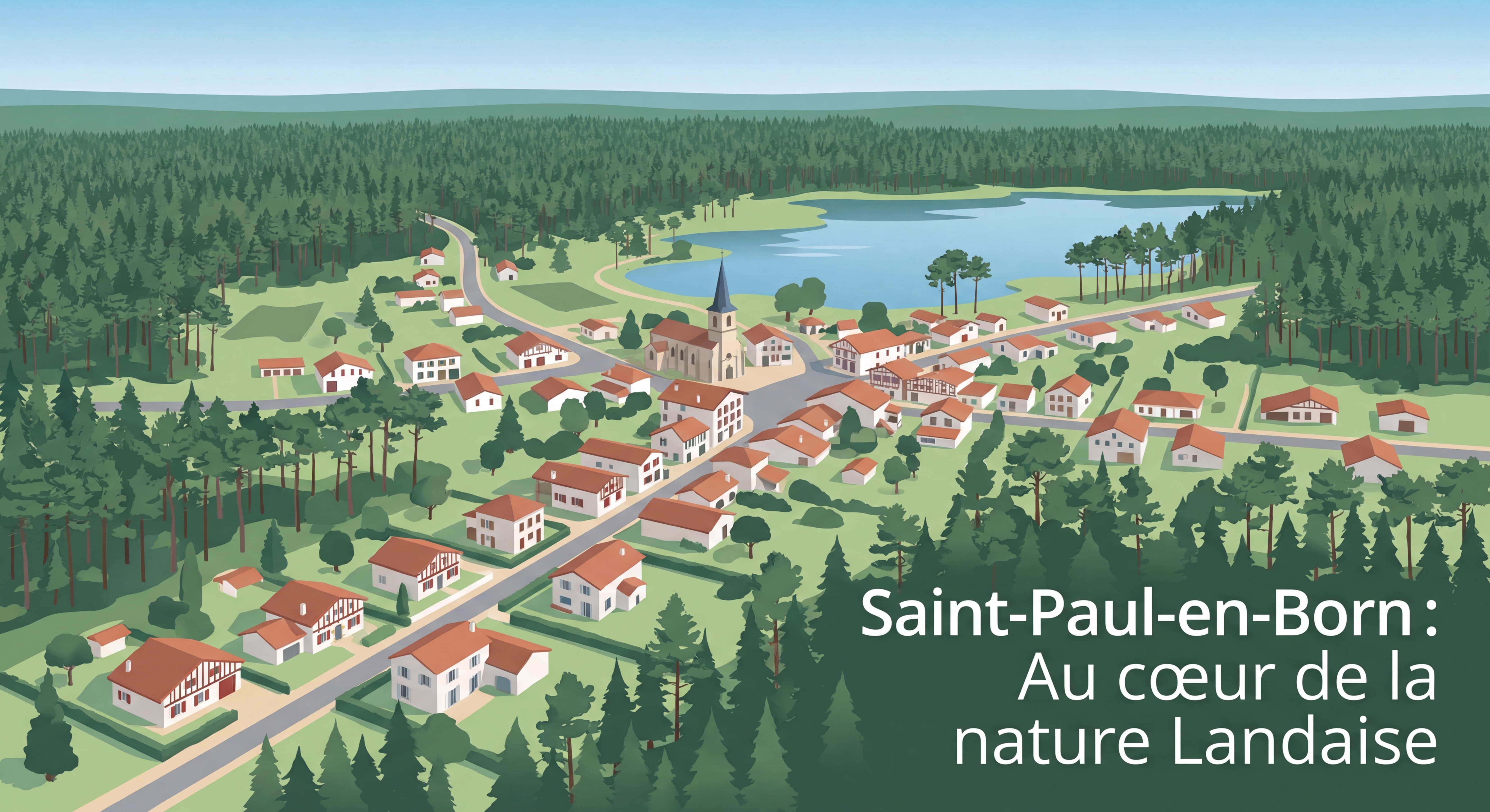 Vue aérienne de Saint-Paul-en-Born au cœur de la forêt landaise avec ses maisons traditionnelles et son environnement naturel préservé