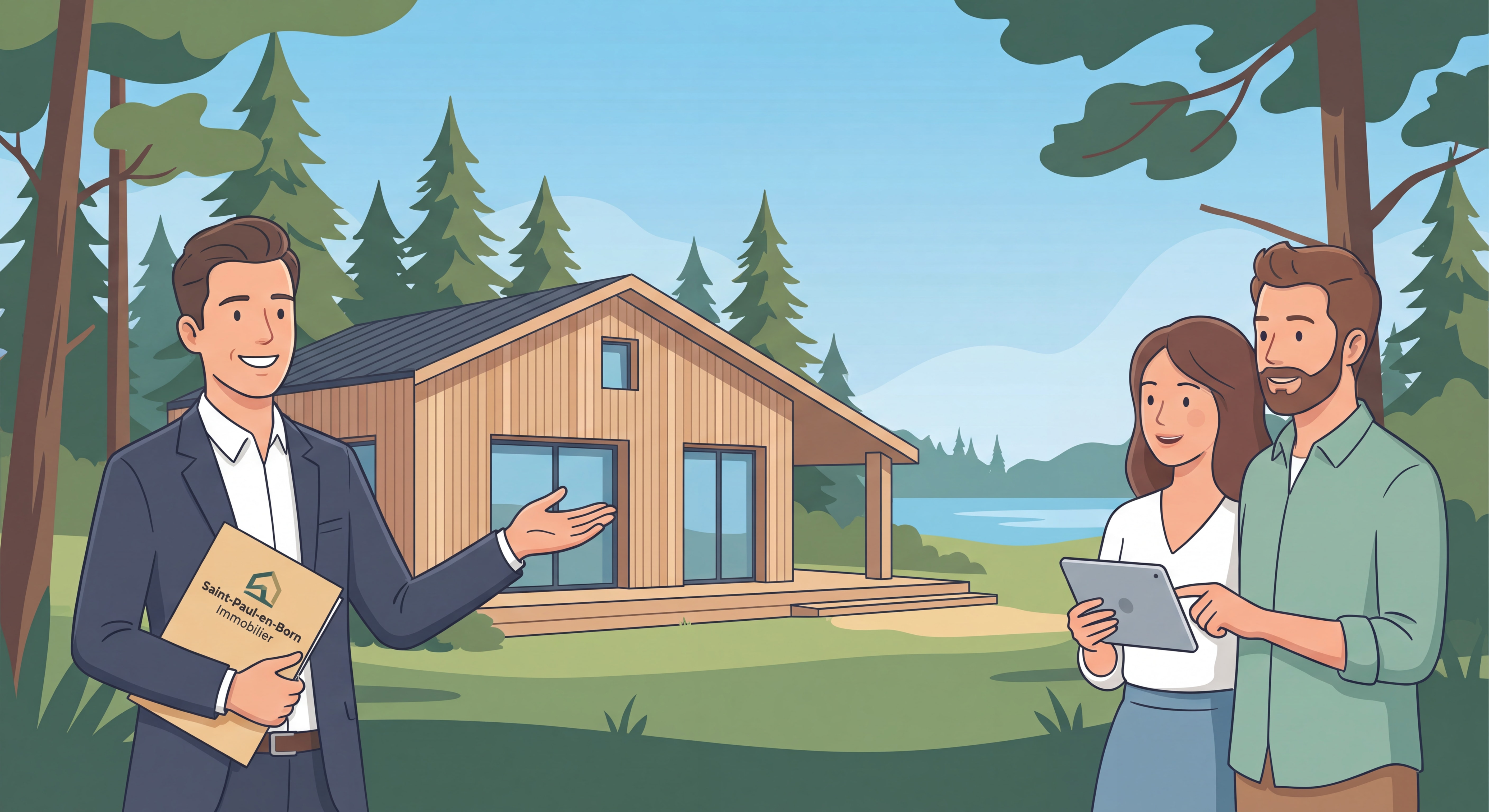 Conseiller immobilier local présentant une maison à Saint-Paul-en-Born à un couple d'acquéreurs dans un environnement forestier