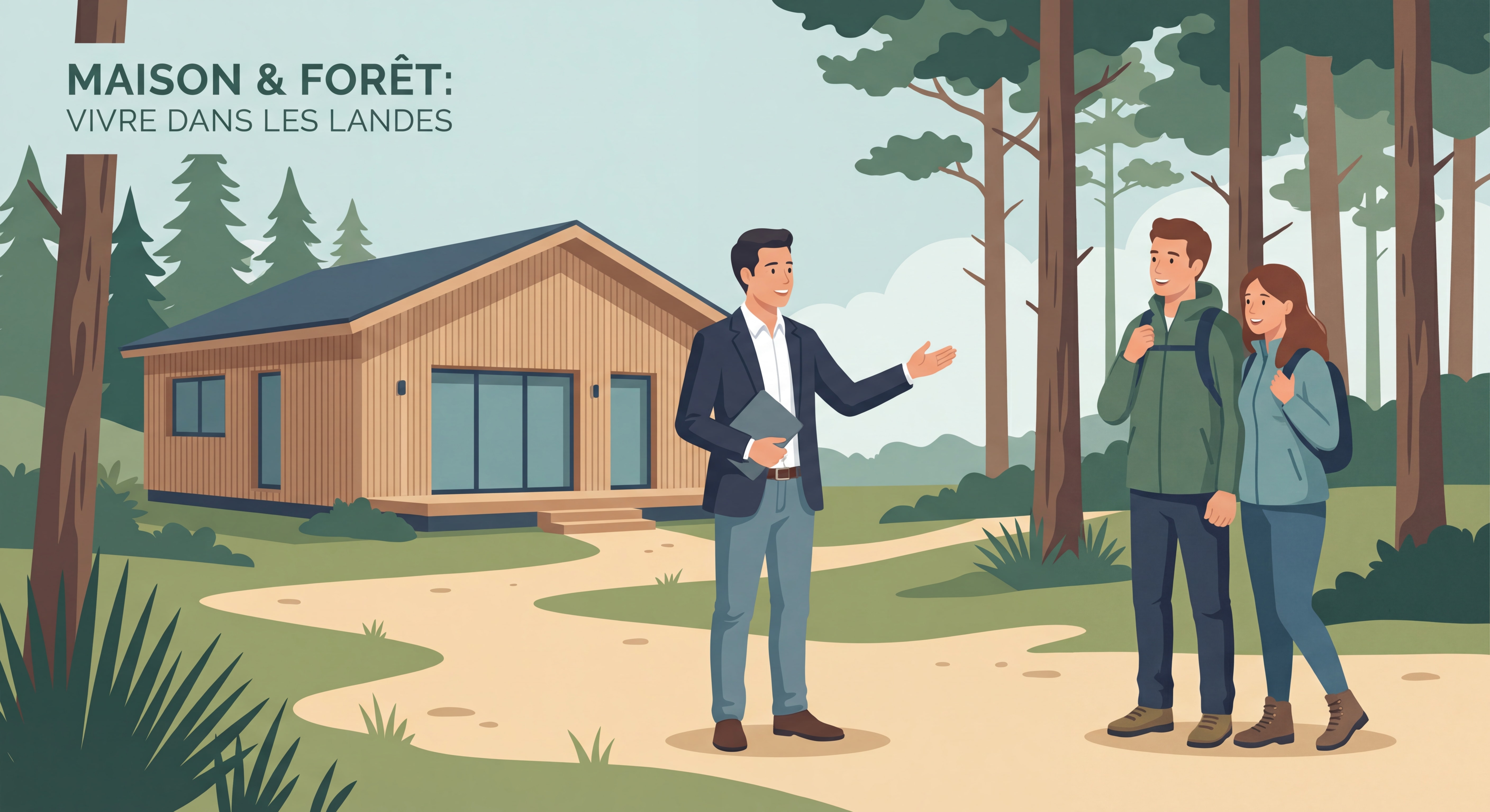 Agent immobilier présentant une maison à des clients dans un cadre forestier landais